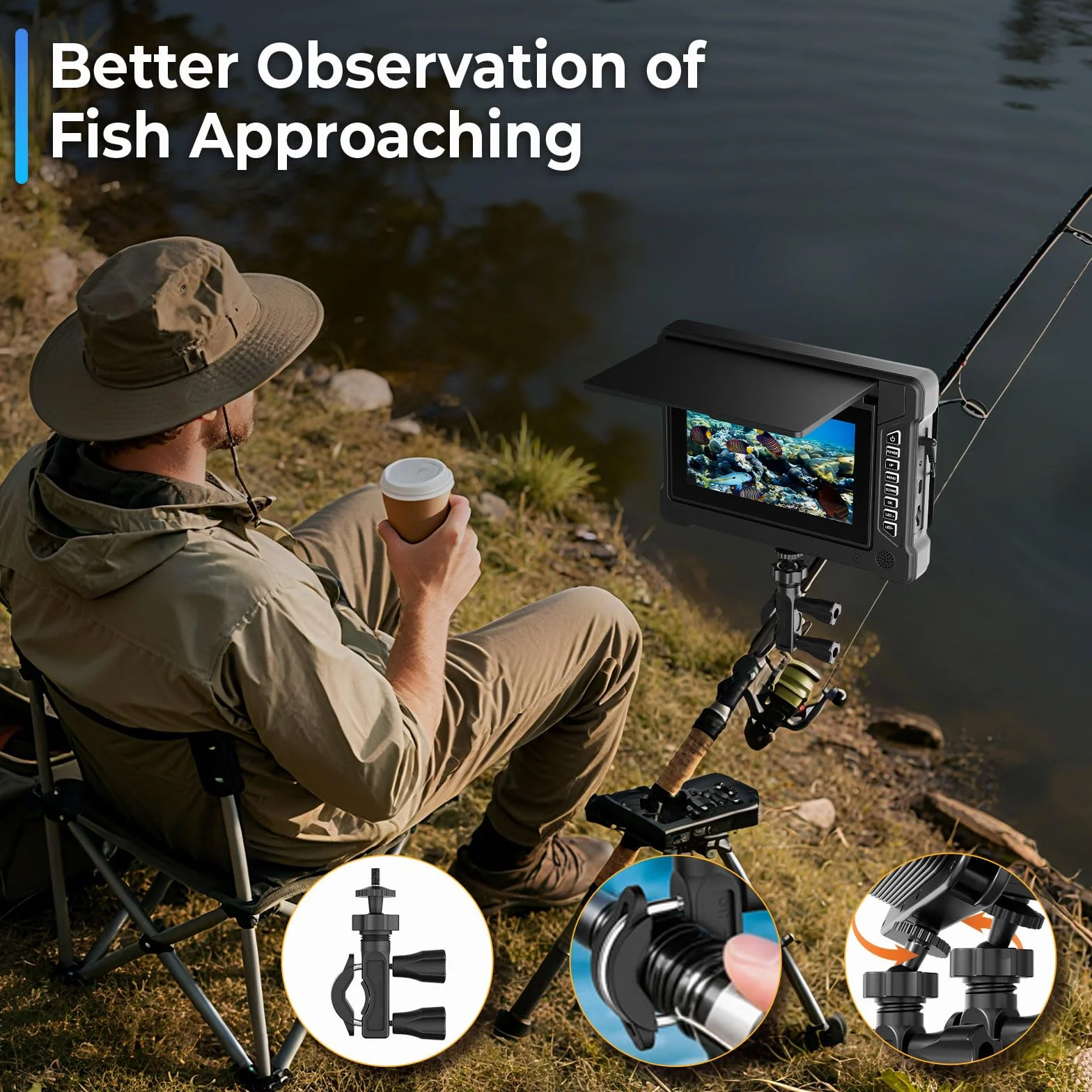 Cámara de Pesca Submarina 7" IPS con Visera, HD 1200TVL Gran Angular, IP68, Fish Finder para Hielo Mar Lago