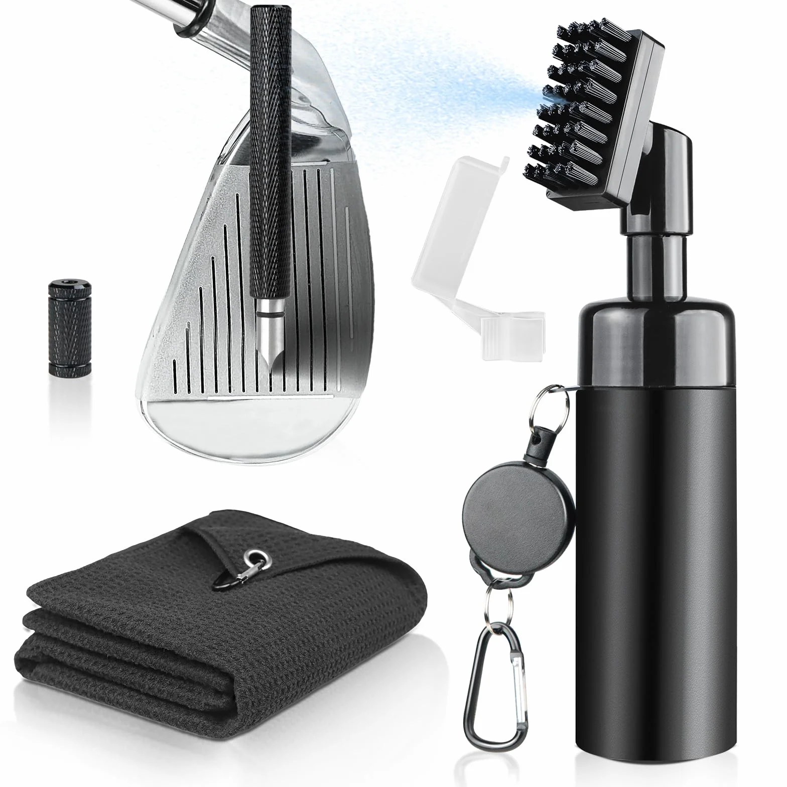 Kit de limpieza para palos de golf con afilador de ranura, toalla, cepillo de agua con botella spray y clip retráctil