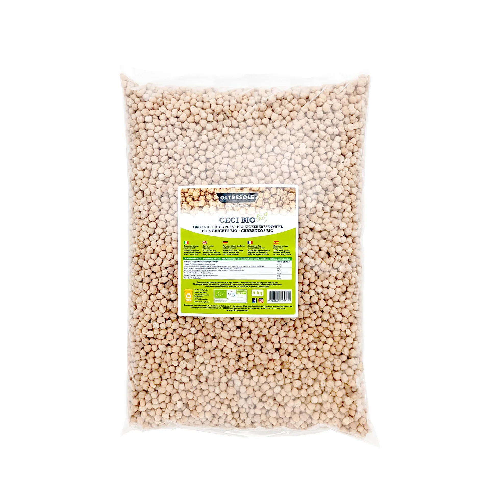 Oltresole, Garbanzos Ecológicos 5 Kg, Legumbres Secas Ecológicas de Cultivo Controlado, Excelente para Sopas, Ensaladas, Verduras y Recetas Saludables, Tamaño Conveniente