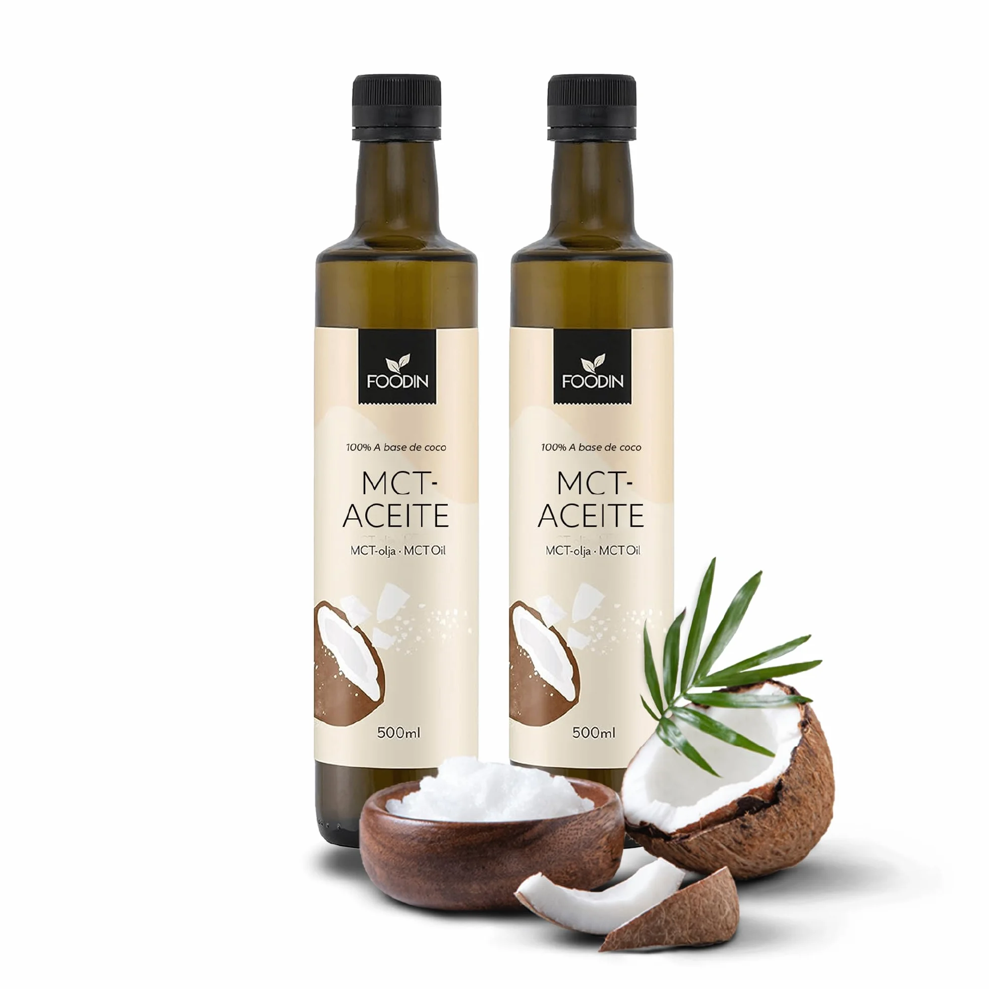 FOODIN Aceite MCT 1000 ml (2 x 500 ml) 100% aceite de coco, triglicéridos de cadena múltiple, vegano, sin gluten, para cetogénica