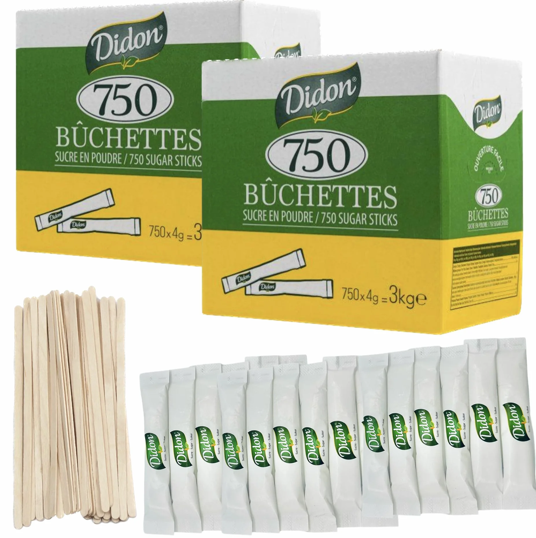 DIDON Lote de 1500 Sobres (750 x 2) - Bûchettes de Azúcar Individuales de 4g (TOTAL 6 kg) con un lote de agitadores de madera – Ideal para Bebidas Calientes, Cafés y Tés