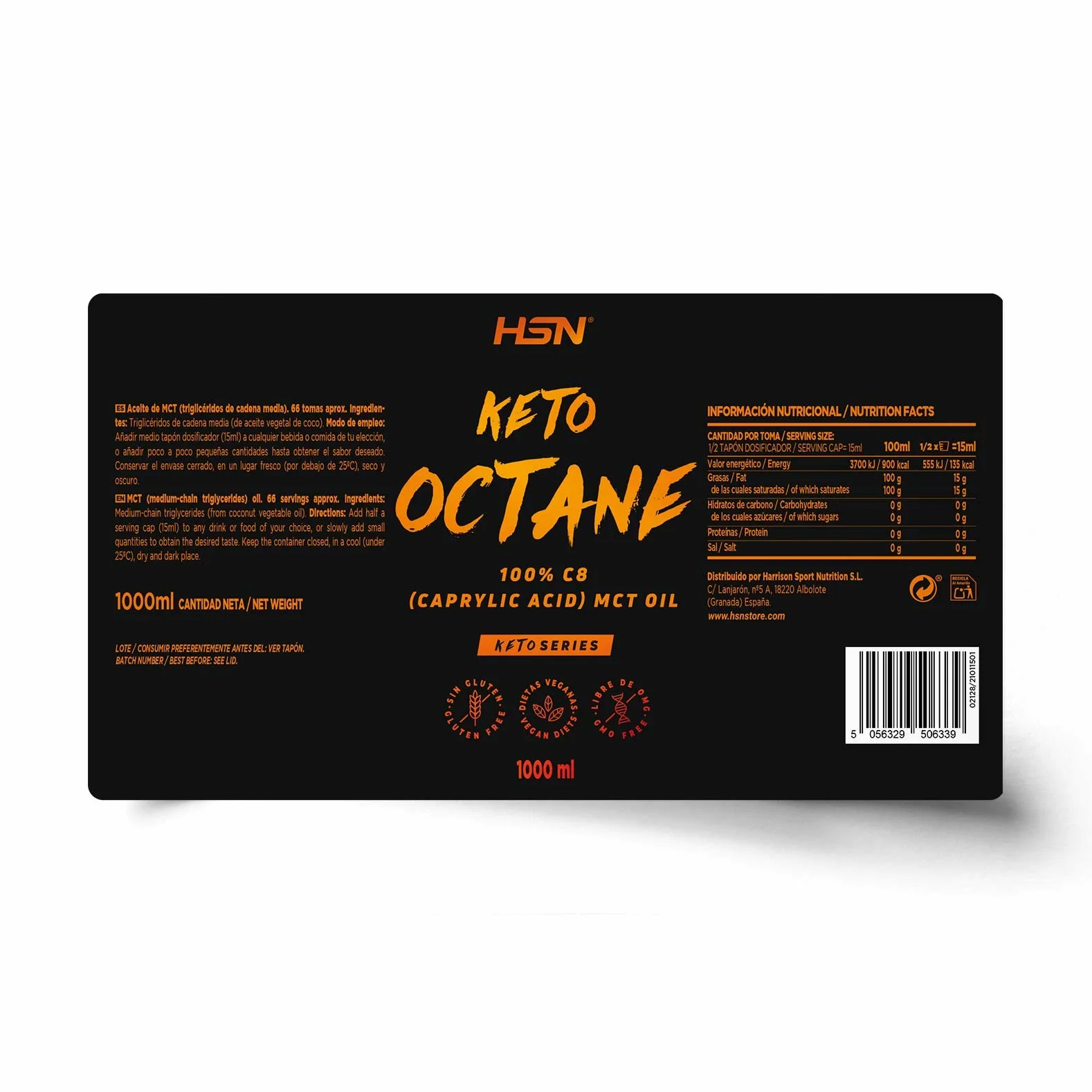 Aceite de Coco MCT C8 Keto Octane de HSN | 1000 ml = 66 Tomas por Envase de 100% Puro Ácido Caprílico | Ideal Dieta Keto y Paleo | Sin Palma ni Colza | NO-GMO, Vegano, Sin Gluten