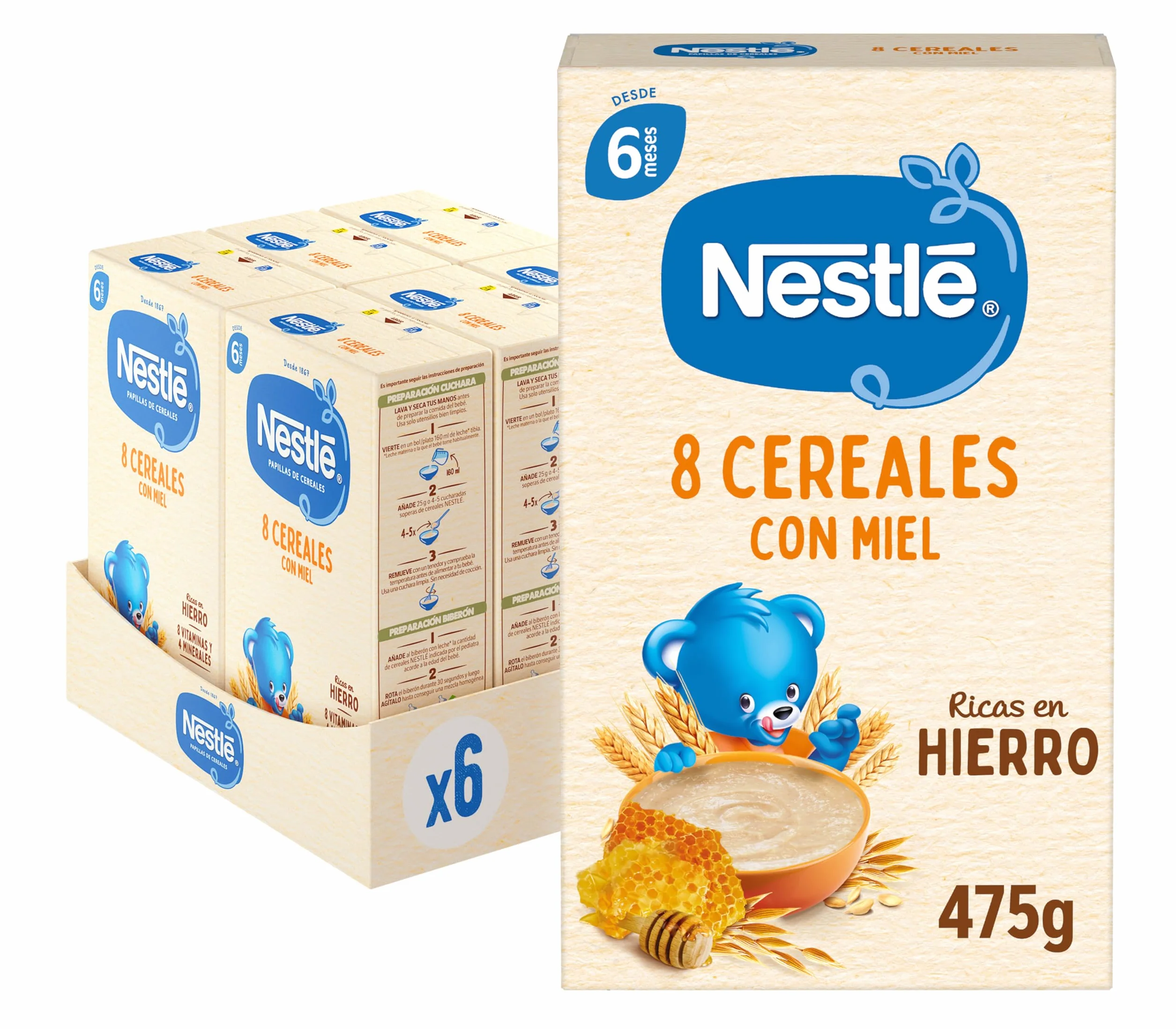 Nestle Papilla 8 Cereales con Miel, 6 Paquetes de 475g (Total 2.85 Kg)