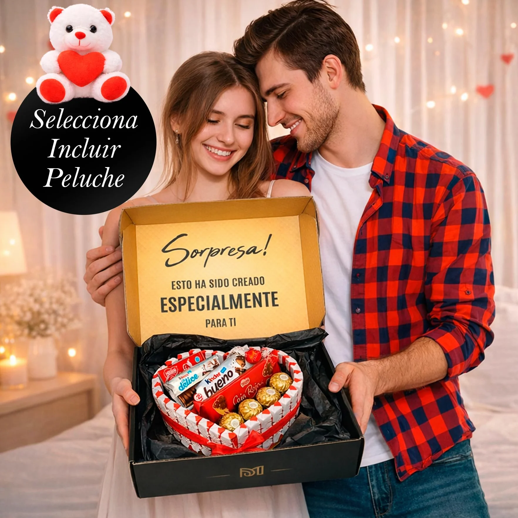 Corazón Sorpresa Regalo Dia del Padre con +40 Bombones y Chocolates – Ferrero Rocher, Lindt Lindor, Caja Roja, Kinder – Tarjeta Personalizada y Presentación Especial