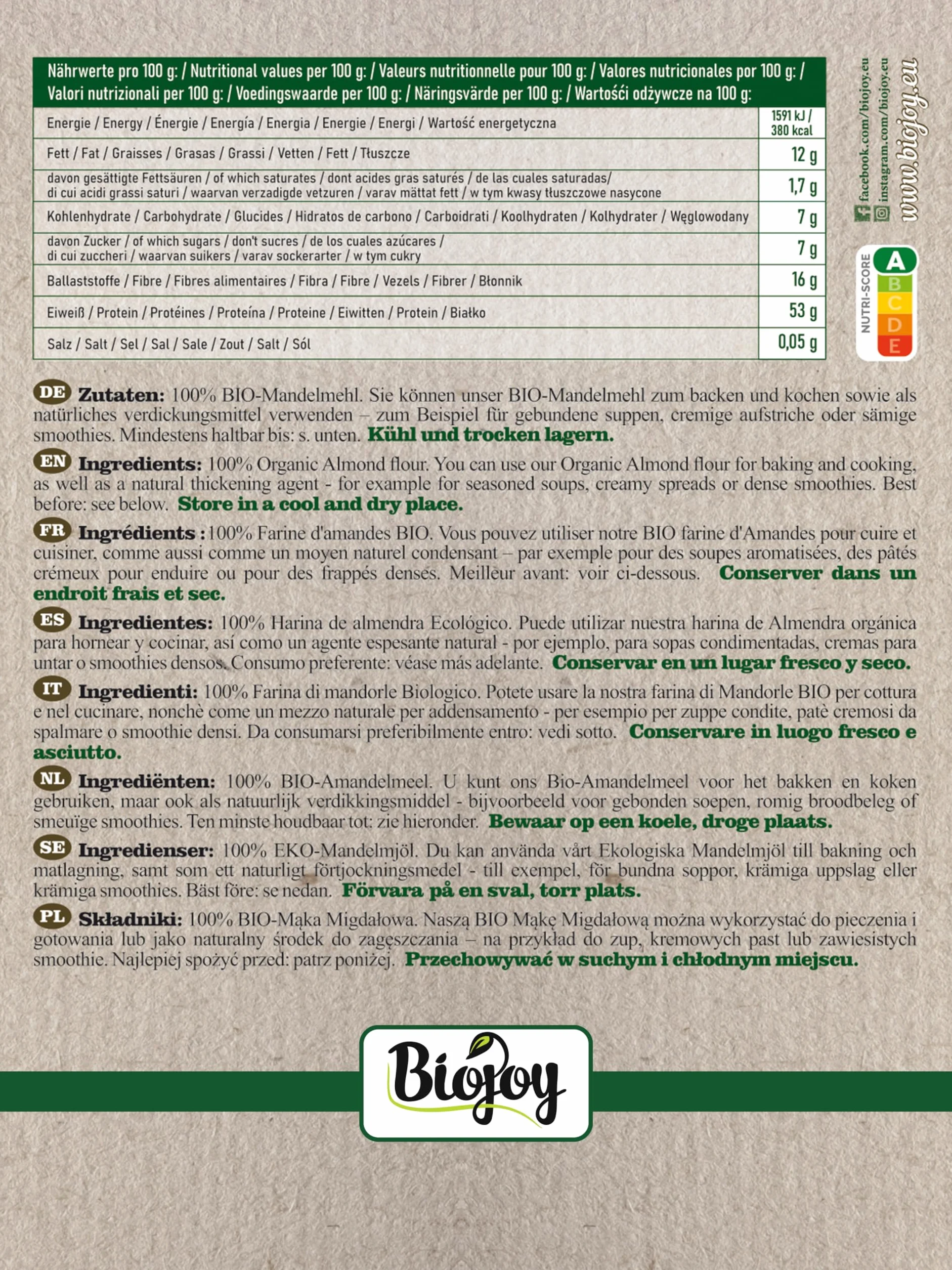 Biojoy Harina de Almendra Desgrasada Ecológica (1 kg), molida suavemente y sin aditivos
