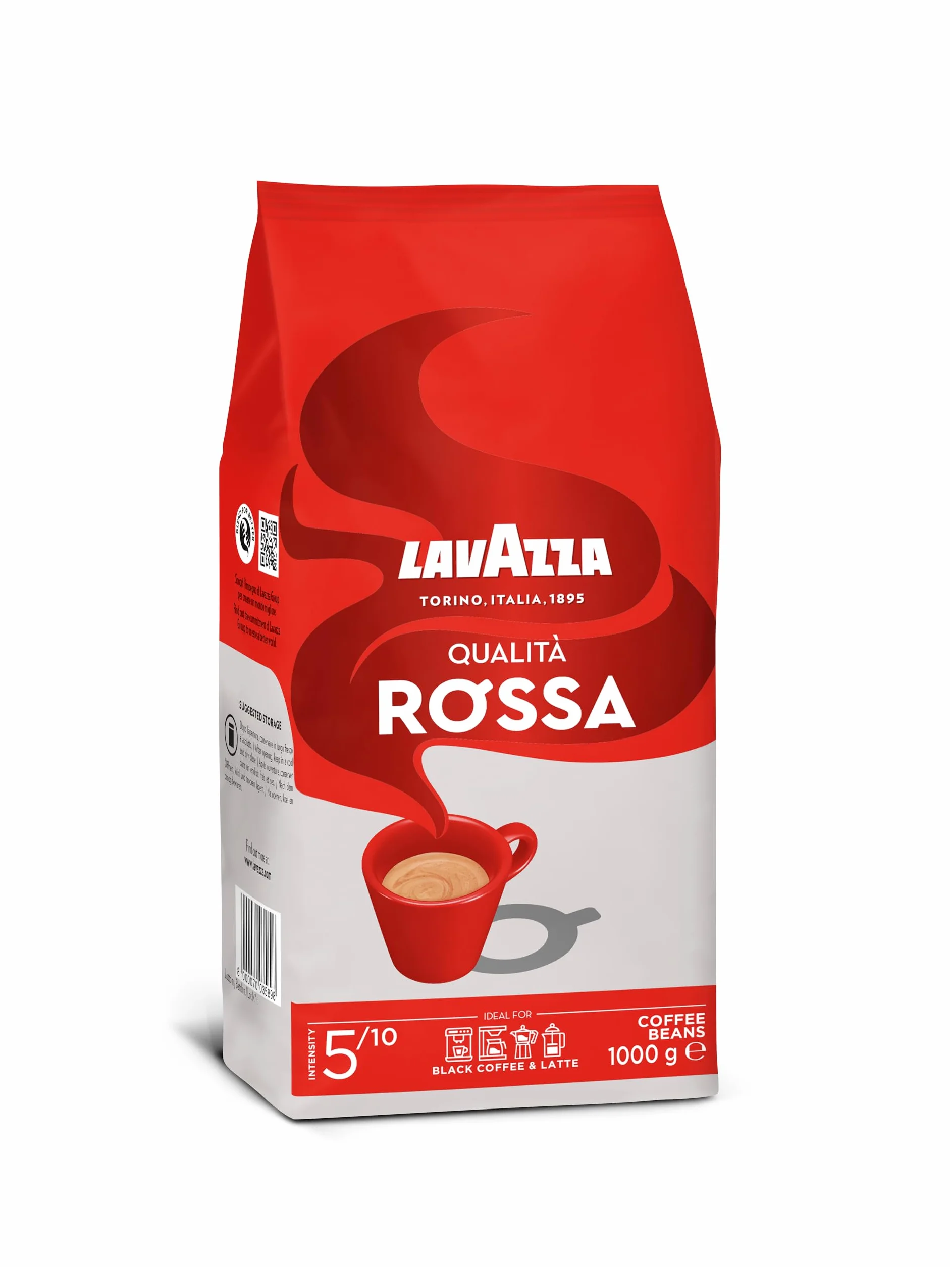 Lavazza, Qualità Rossa, Café en Grano Natural, Ideal para la Máquina de Café Espresso, con Notas Aromáticas de Chocolate y Frutos Secos, Arábica y Robusta, Intensidad 5, Tueste Medio, Paquete de 2 kg