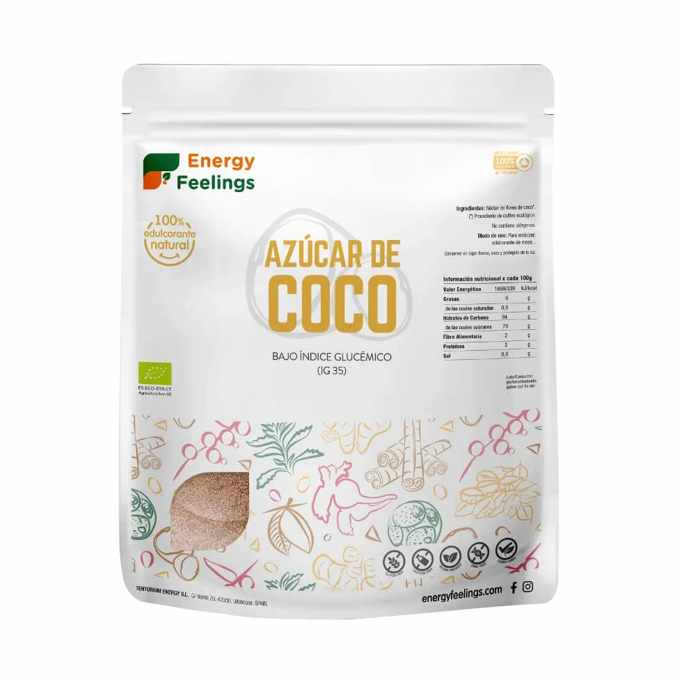 Energy Feelings Azúcar de Coco ECO - 1000 gr, Vegano, Ecológico y Natural, Ligero Sabor a Caramelo, Rico en Vitaminas, Glutamina, Potasio, Hierro y Magnesio, Apto para Control de Peso, Pack XXL