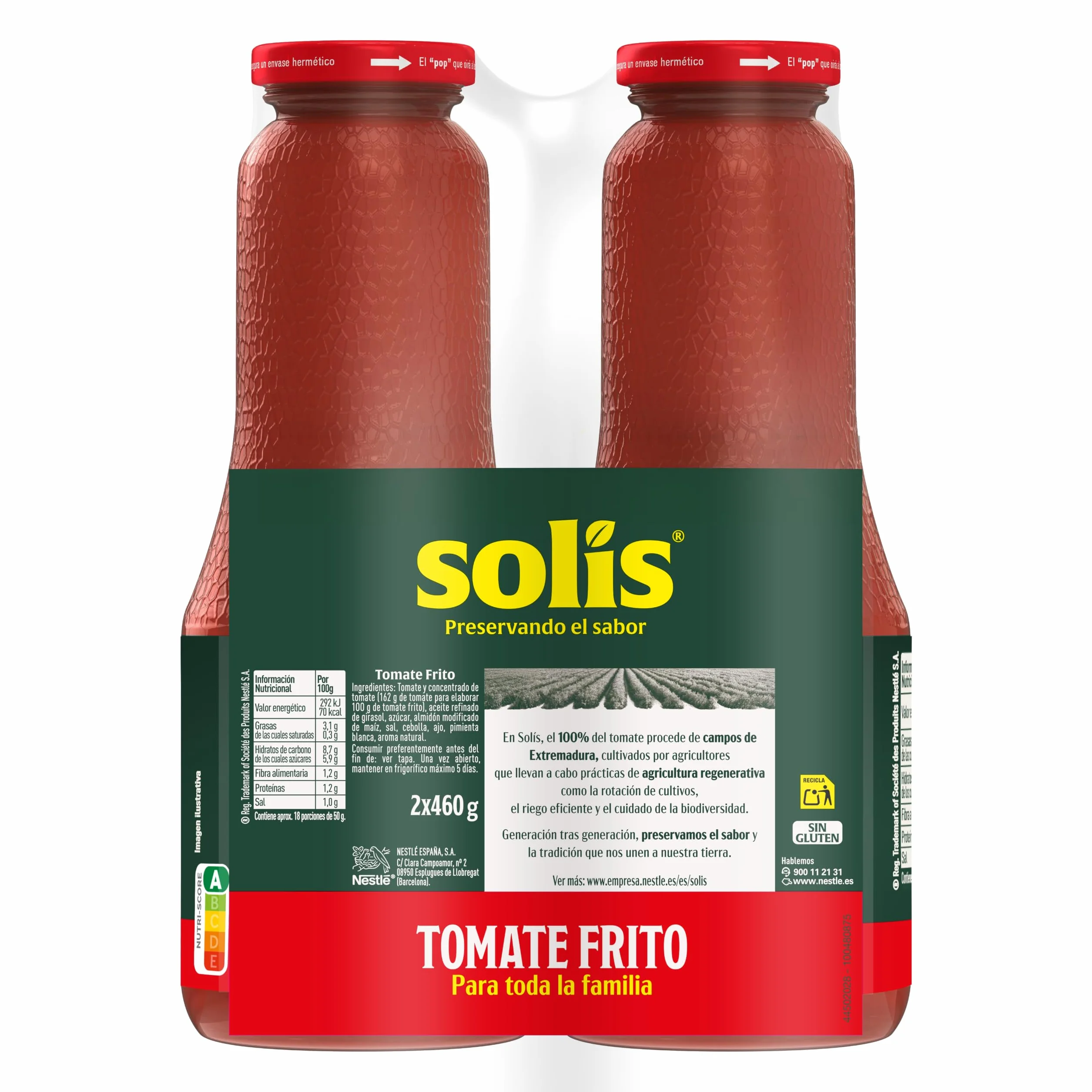 SOLÍS Tomate Frito Clásico Bipack Frasco Cristal - Sin Gluten - 2 x 460g