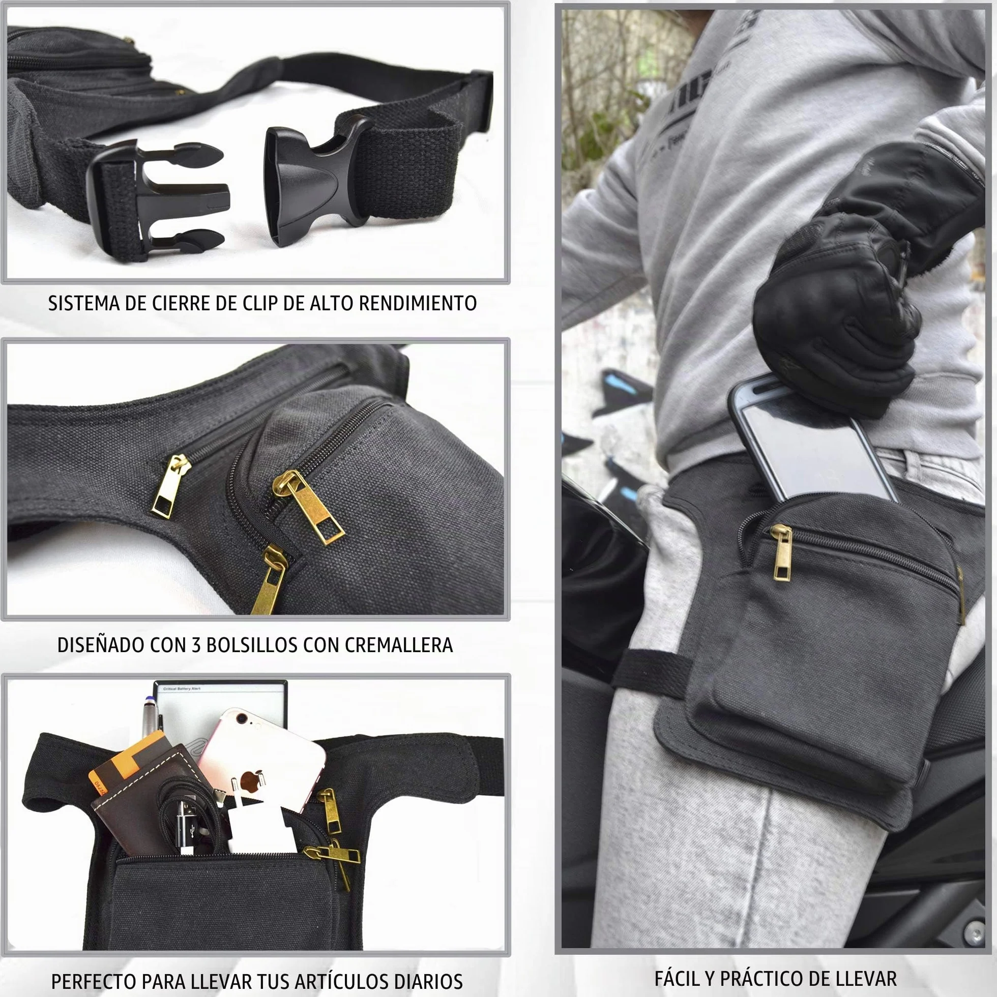 Riñonera Pierna Lateral Moto con Cremallera 3 Bolsillos Doble Sujeción Negro Plomo