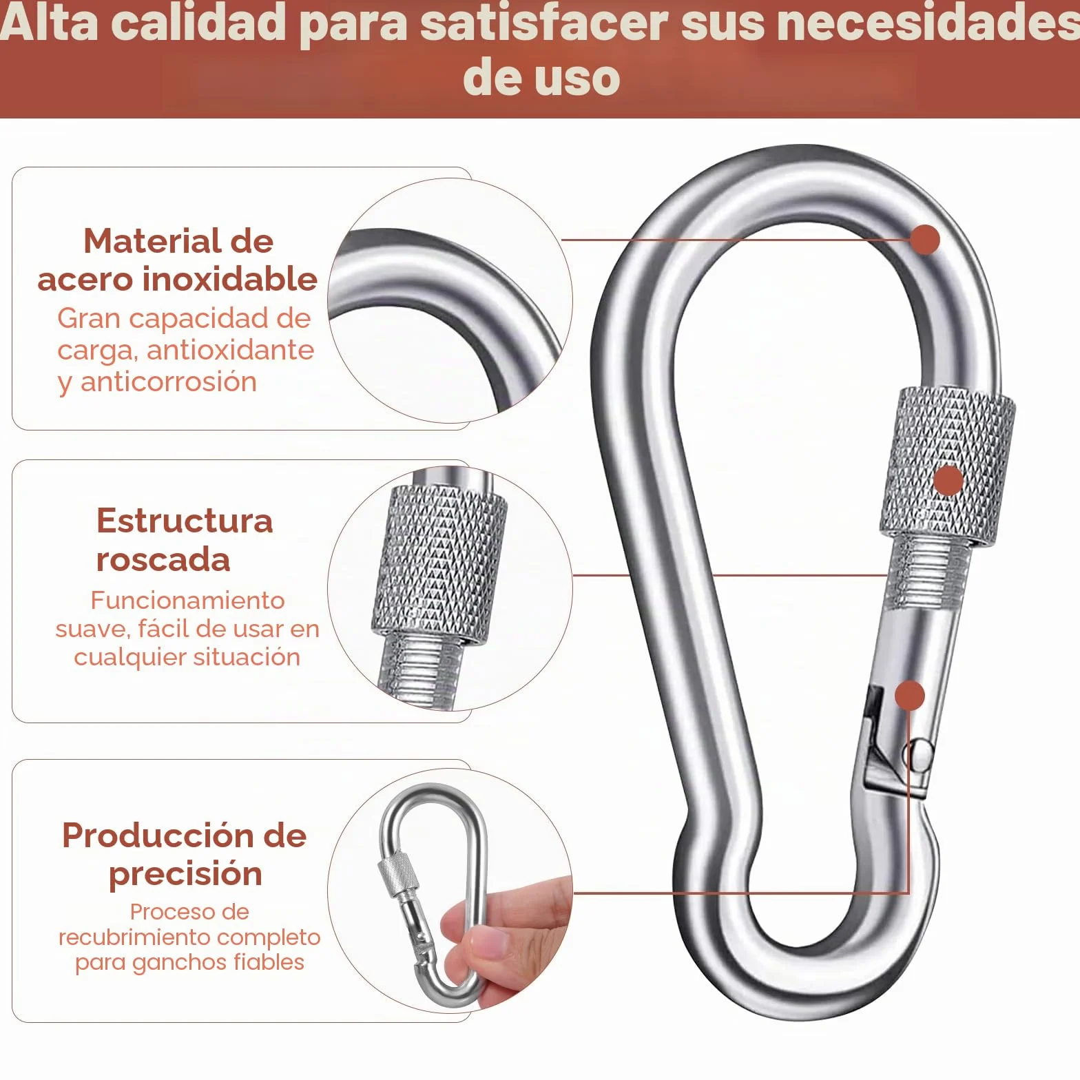 Mosquetones de Acero Inoxidable de Seguridad 200 kg 38 x 80 mm para Exteriores