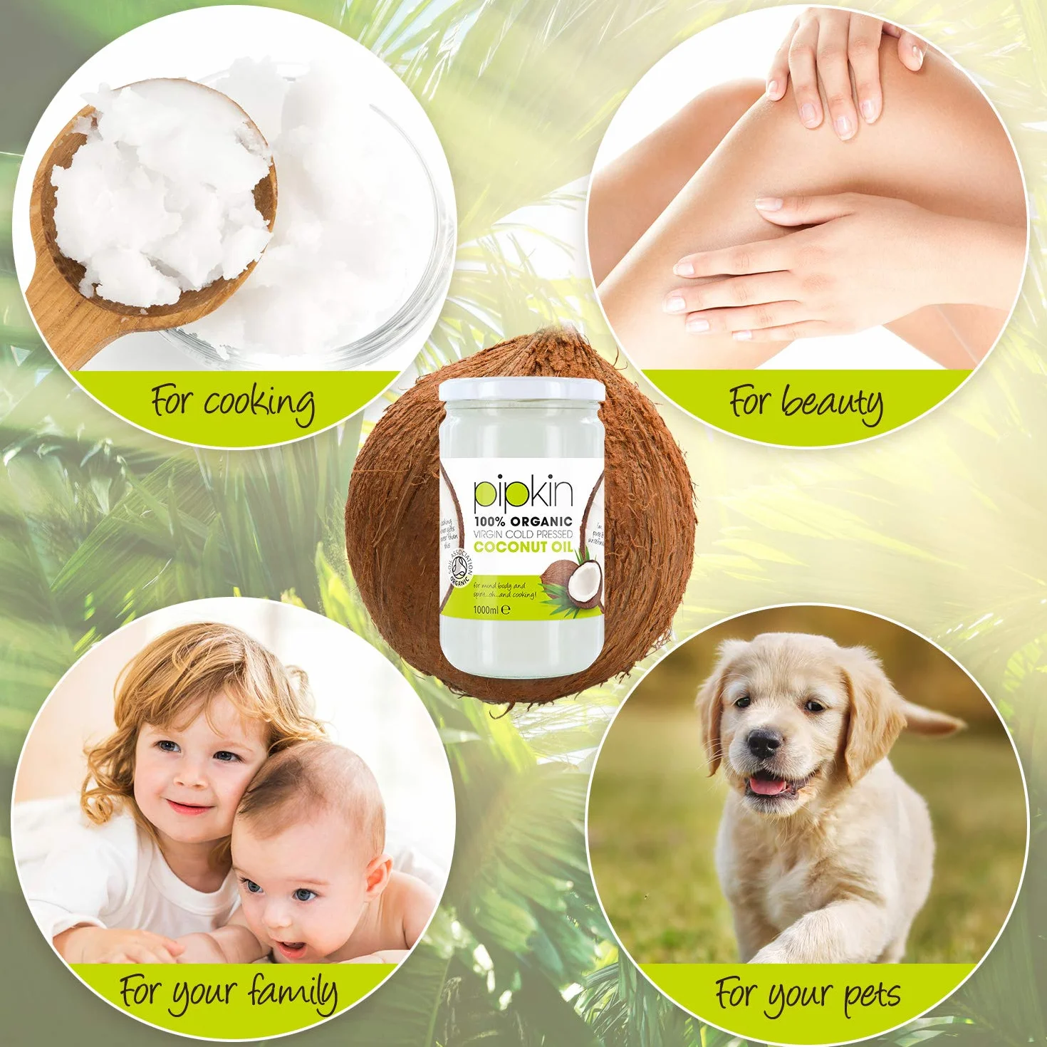 pipkin Aceite de Coco 100% Orgánico, Natural, Virgen Extra Puro. Aceite de coco Multiusos, Prensado en Frío, no GM, Hidratante de Cabello / Piel / Cuerpo. (1L)