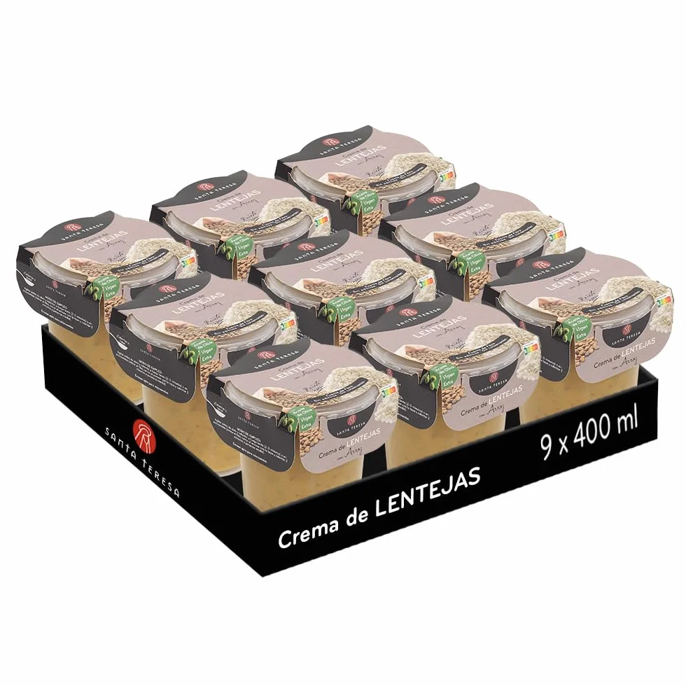 Santa Teresa - Pack de 9 Cremas de Lentejas con Arroz - Elaborada Con Ingredientes Naturales, Sin Conservantes Ni Aditivos - Envase Apto Para Microondas, Calentar Y Listo. 3.600ml