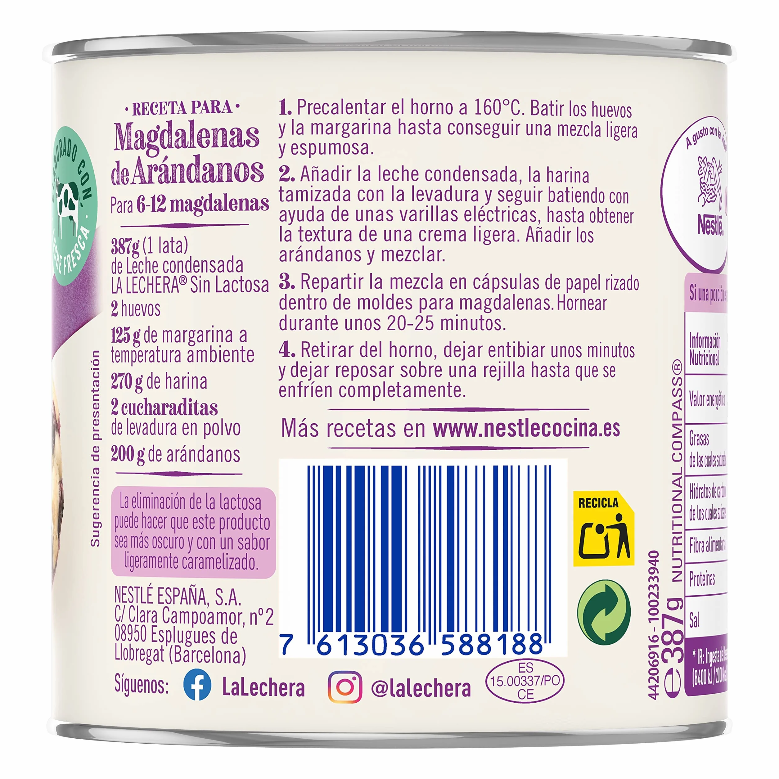 NESTLÉ LA LECHERA leche condensada desnatada Sin Lactosa Lata 6x387g