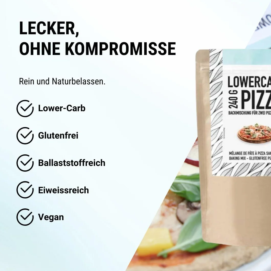 Mezcla de pizza baja en carbohidratos para 2 bases de pizza o 1 molde | 90% menos de carbohidratos | Sin gluten, 29 g de proteína vegana, con harina de almendras, cáscaras de psyllium y linaza, cetog