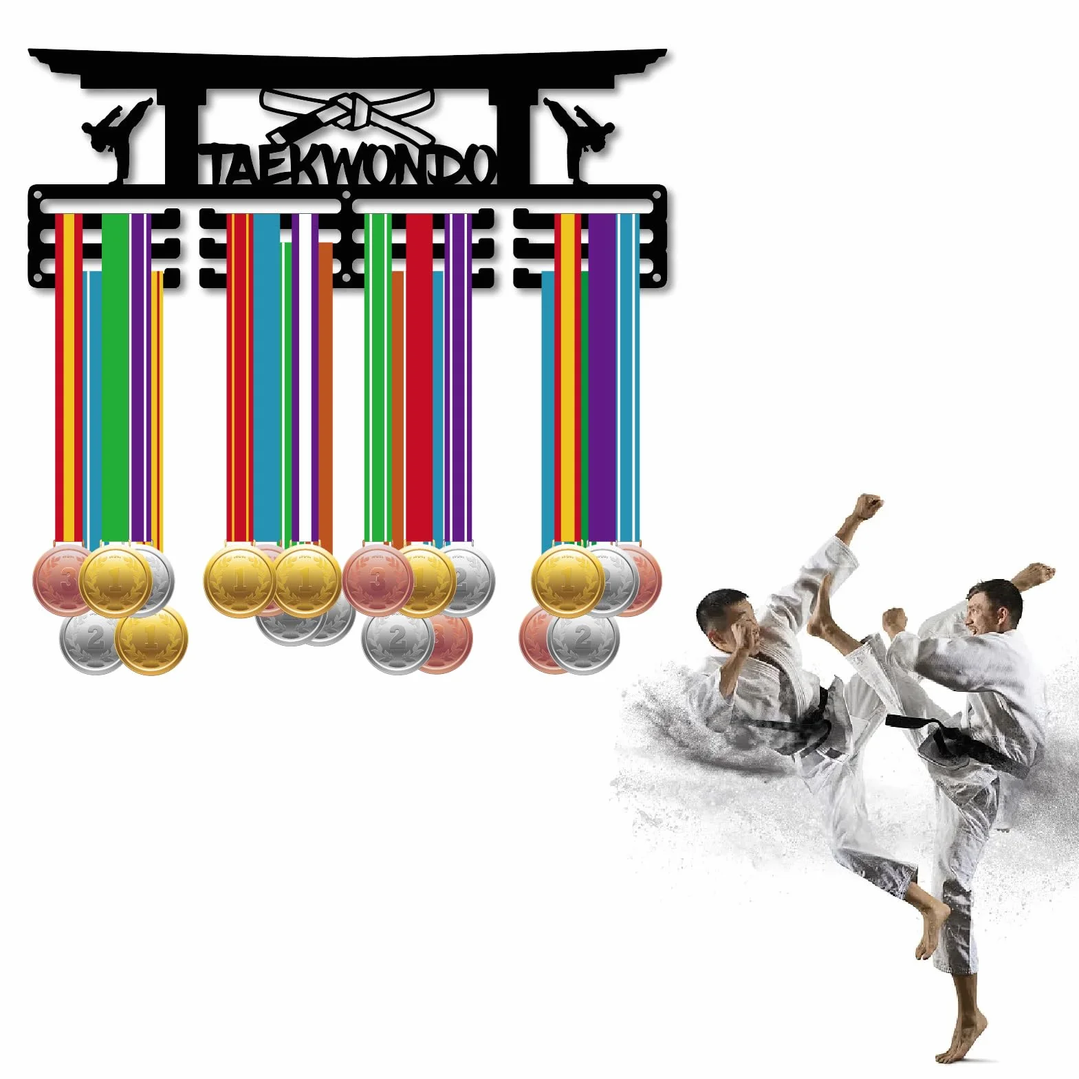 CREATCABIN Taekwondo Medal Holder Wall Mounted Display 3 Lines Black 29x13cm