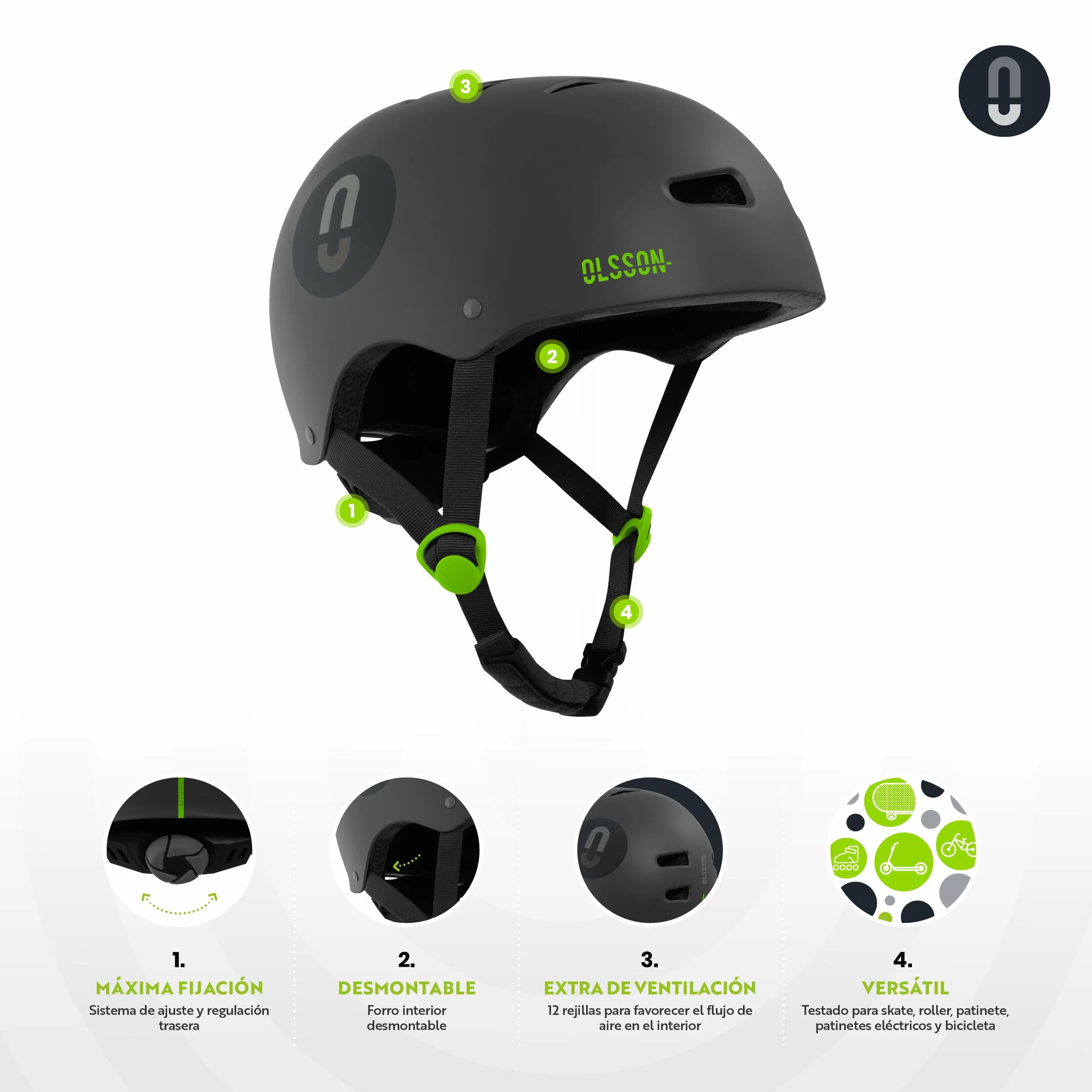 OLSSON Casco Urban Rider Ajustable Homologado Resistente Impactos 360º Forro Desmontable Ventilación Antracita M/L
