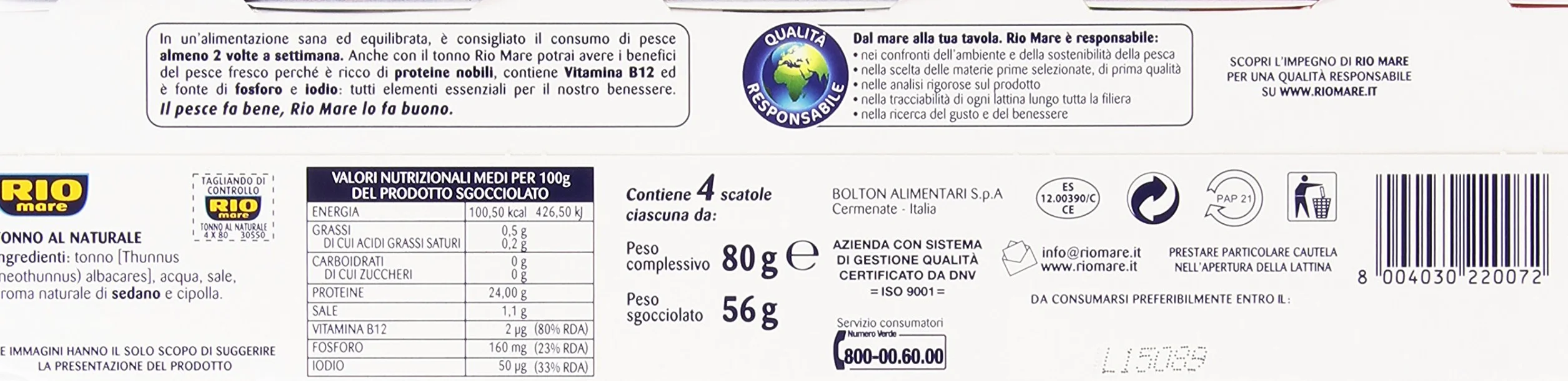 Rio Mare Aletas amarillas de atún al natural, 1% de grasa, 12 latas de 80 g