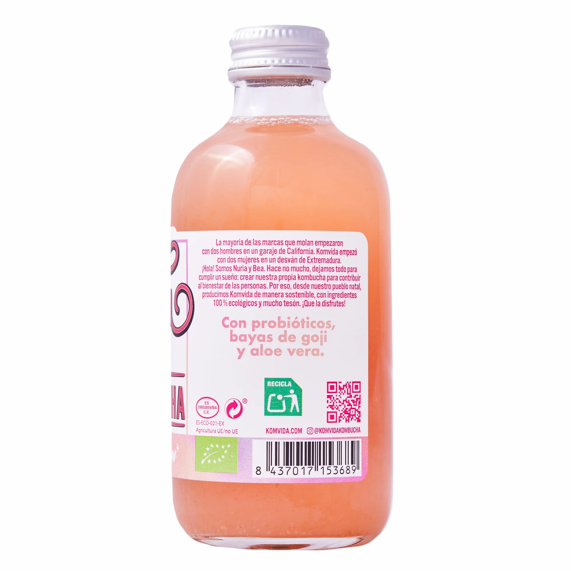 Kombucha Komvida Superglow- Bebida Ecológica de Té fermentado con aloe vera, Sabor Fresa y Lima, Probióticos Naturales, Baja en calorías, 250ml