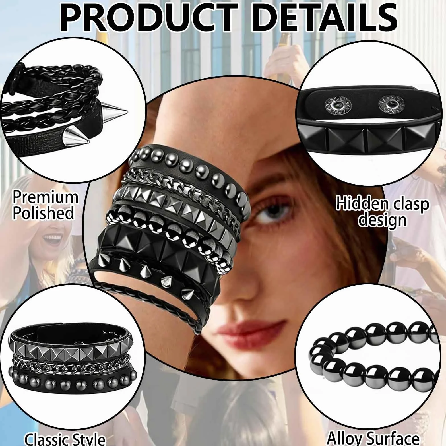 Pulseras Punk Rock de Cuero para Hombres y Mujeres – 4 Pulseras Negras con Clavos Metálicos