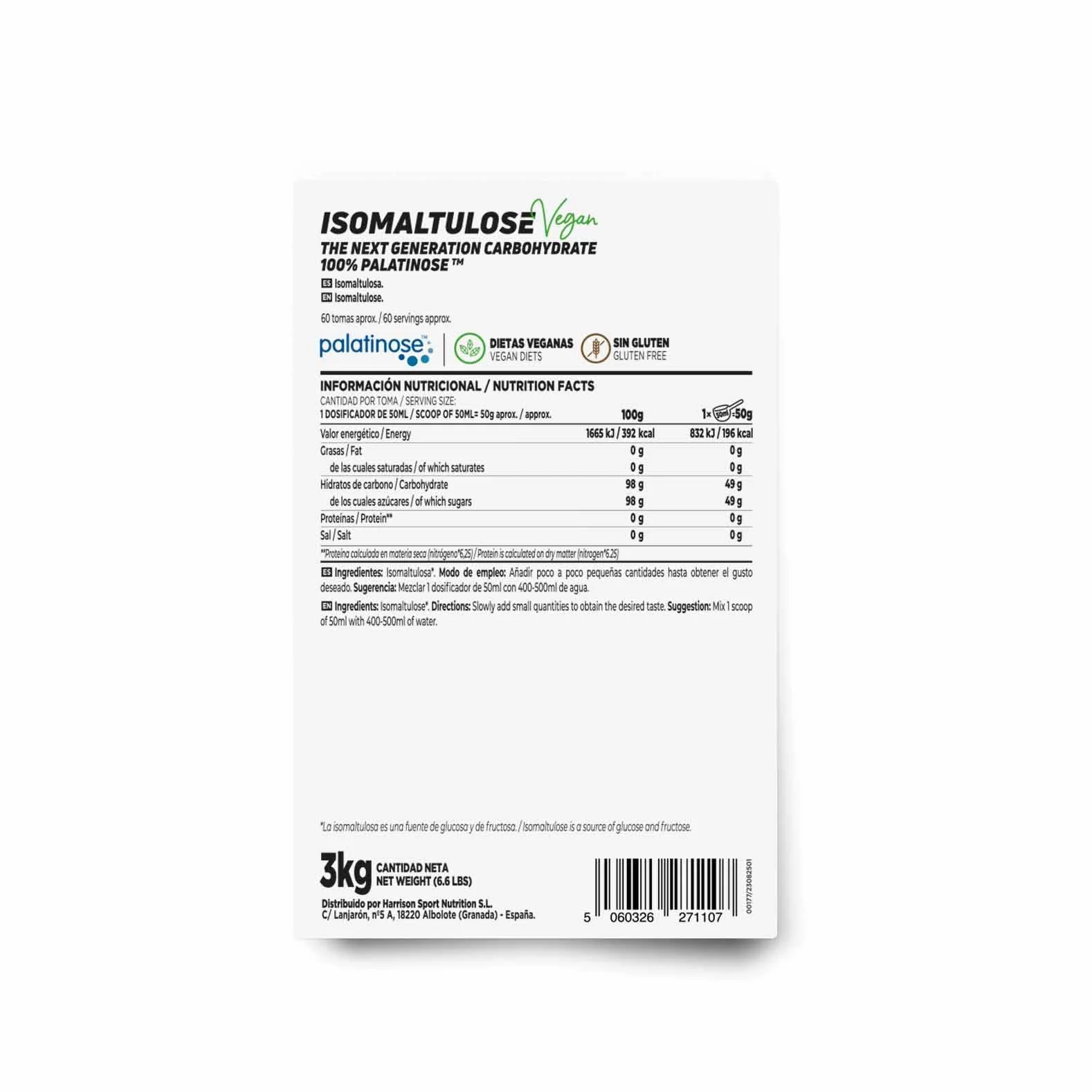 Palatinosa - Isomaltulosa - de HSN | Sin Sabor 3 Kg = 60 Tomas por Envase 100% Pura Palatinose™ - Sin Añadidos ni Excipientes | No-GMO, Vegano, Sin Gluten