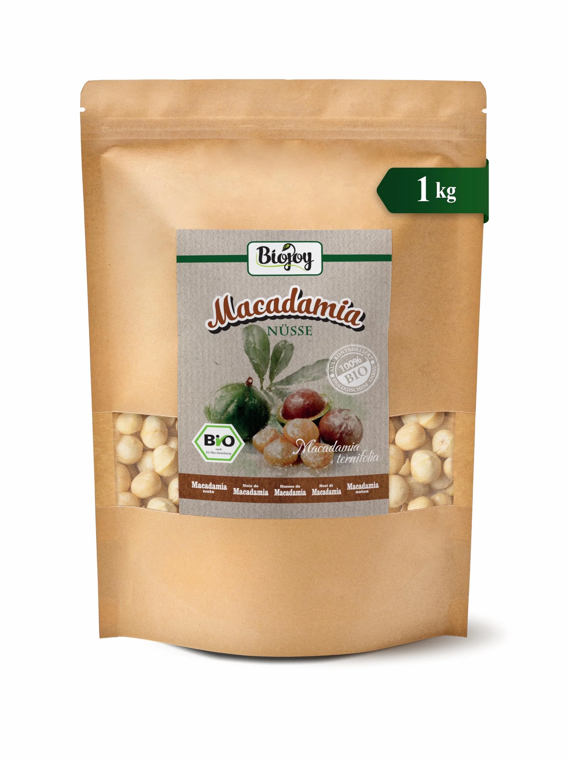 Biojoy Nueces de Macadamia Ecológicas 1 kg, crudas y enteras, sin sal
