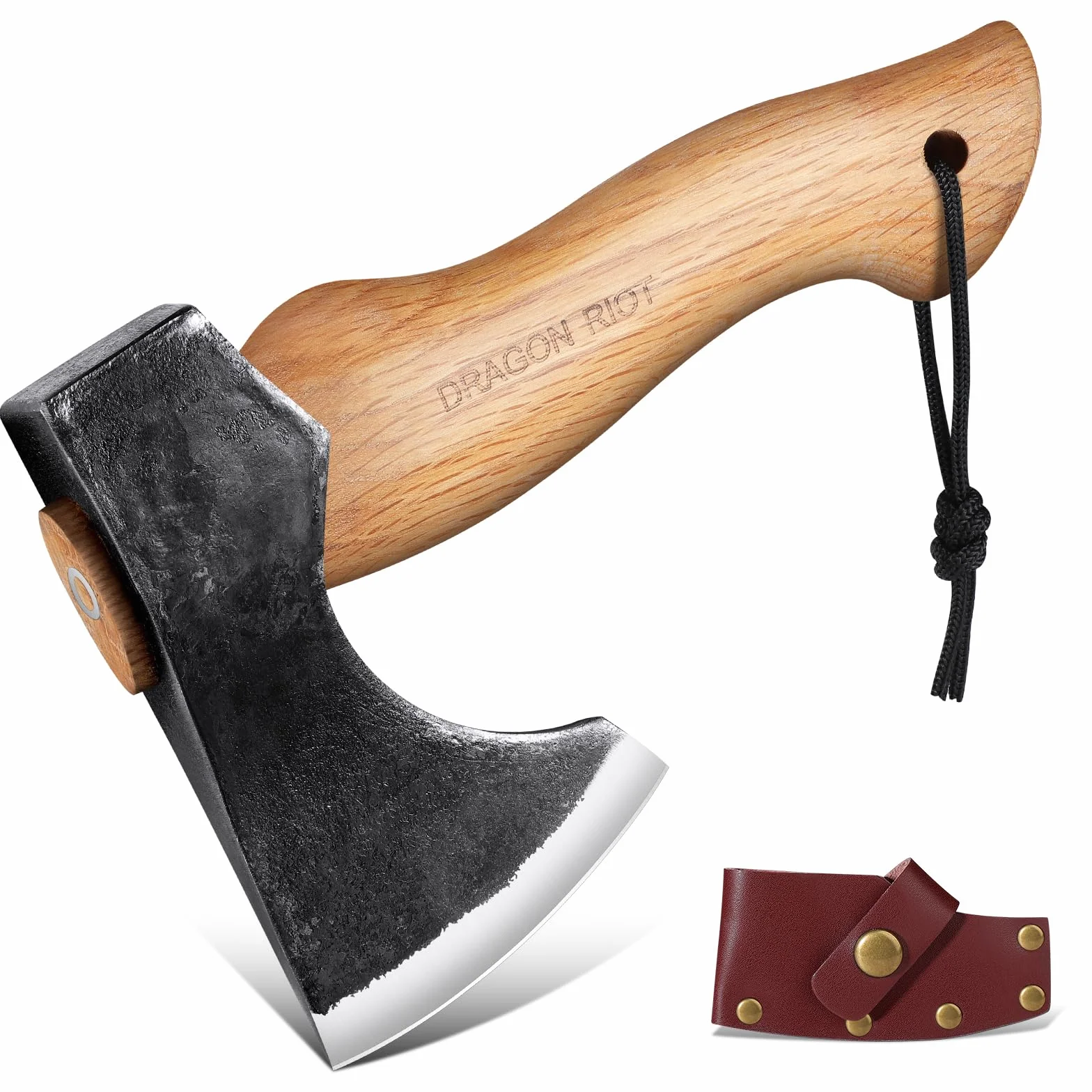 Hacha de Vikinga DRAGON RIOT 22 cm, Hacha Leña Forjada a Mano, Hacha Bushcraft con Funda