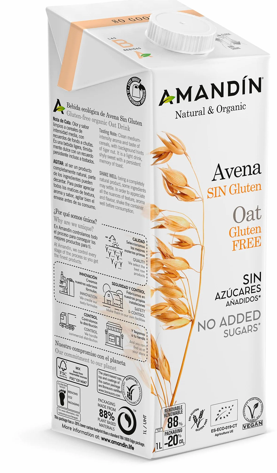 Amandin Bebida Ecológica De Avena Sin Gluten 1 L