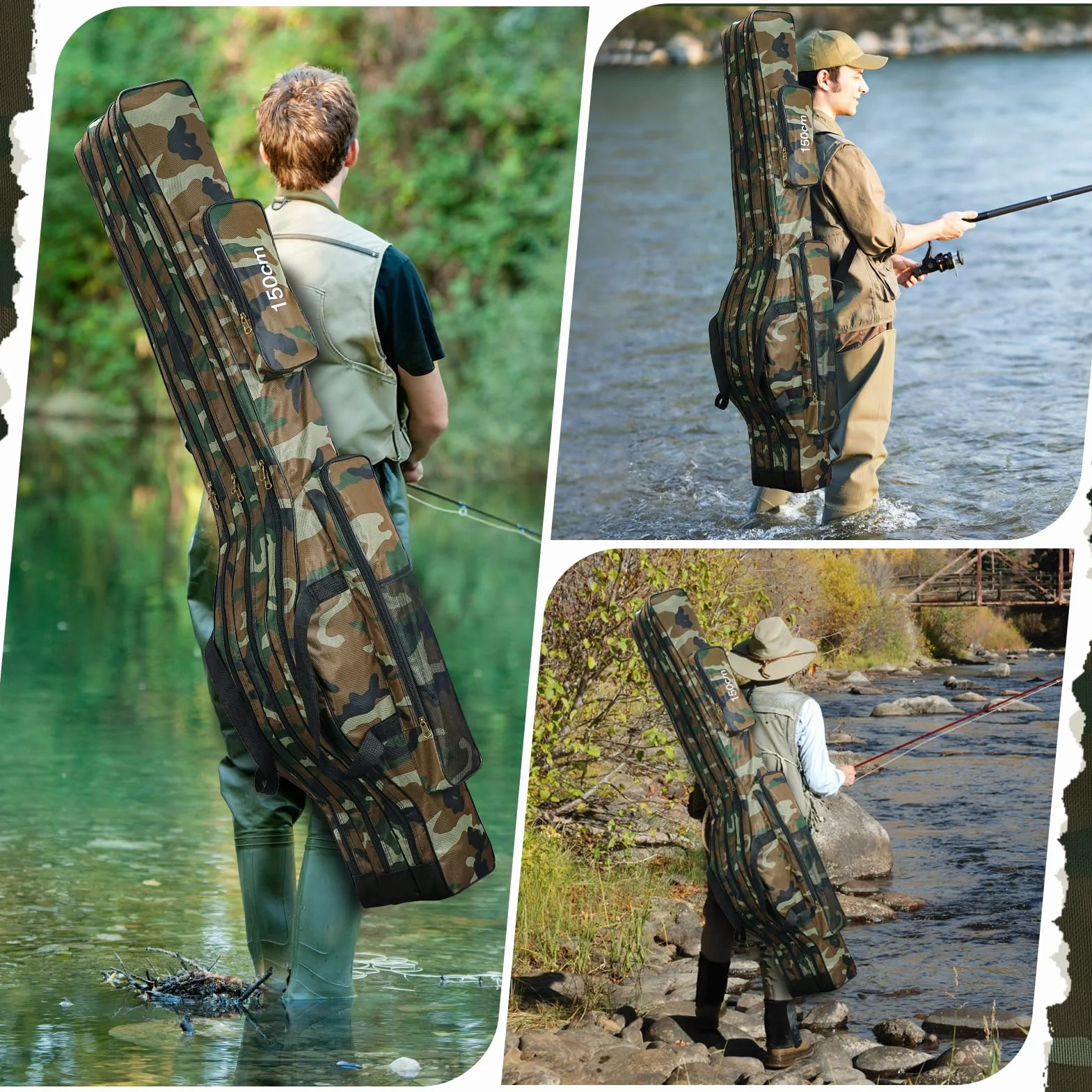 Bolsa para Caña de Pescar Portátil 150cm Plegable Impermeable 3 Capas Marrón