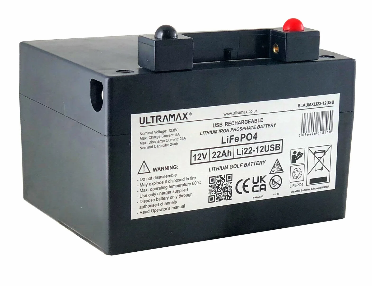 Batería de 36 agujeros de litio 12V 22Ah para carrito de golf Powakady con puerto USB