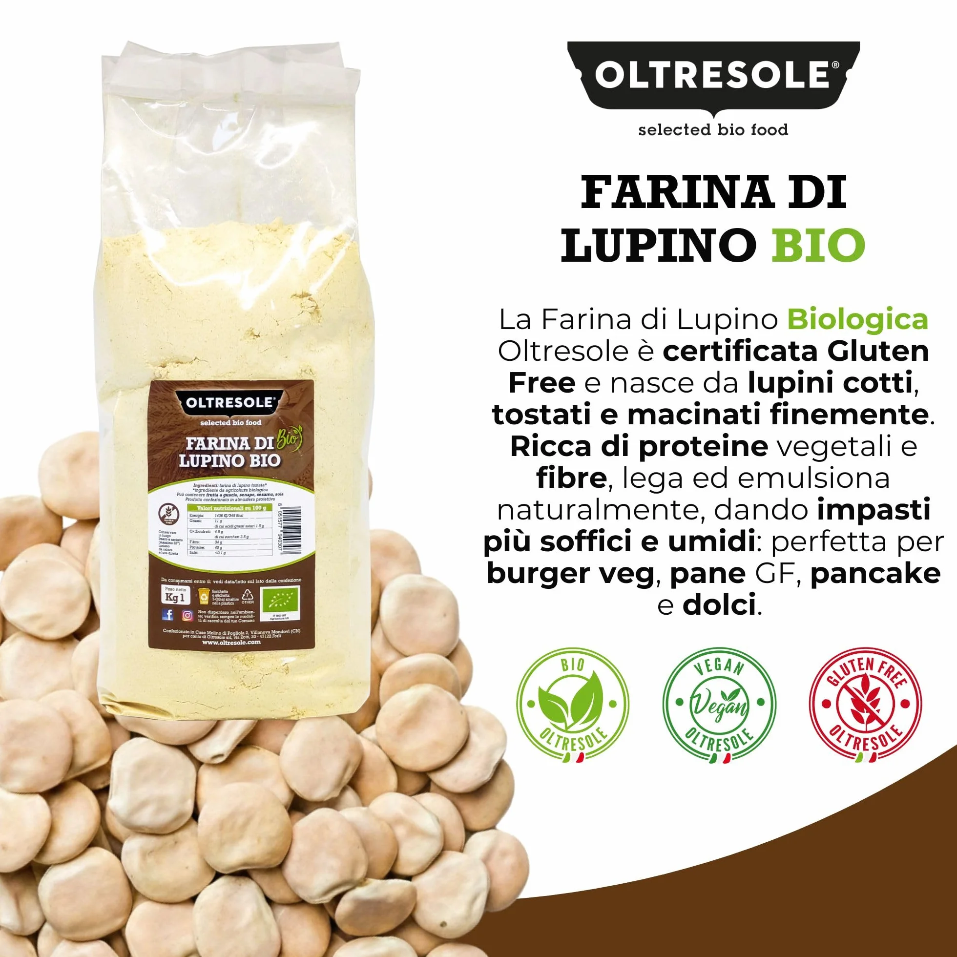 Oltresole Harina de Altramuz Ecológica 1 kg - Harina de Legumbre Ecológica Rica en Proteínas Baja en Carbohidratos
