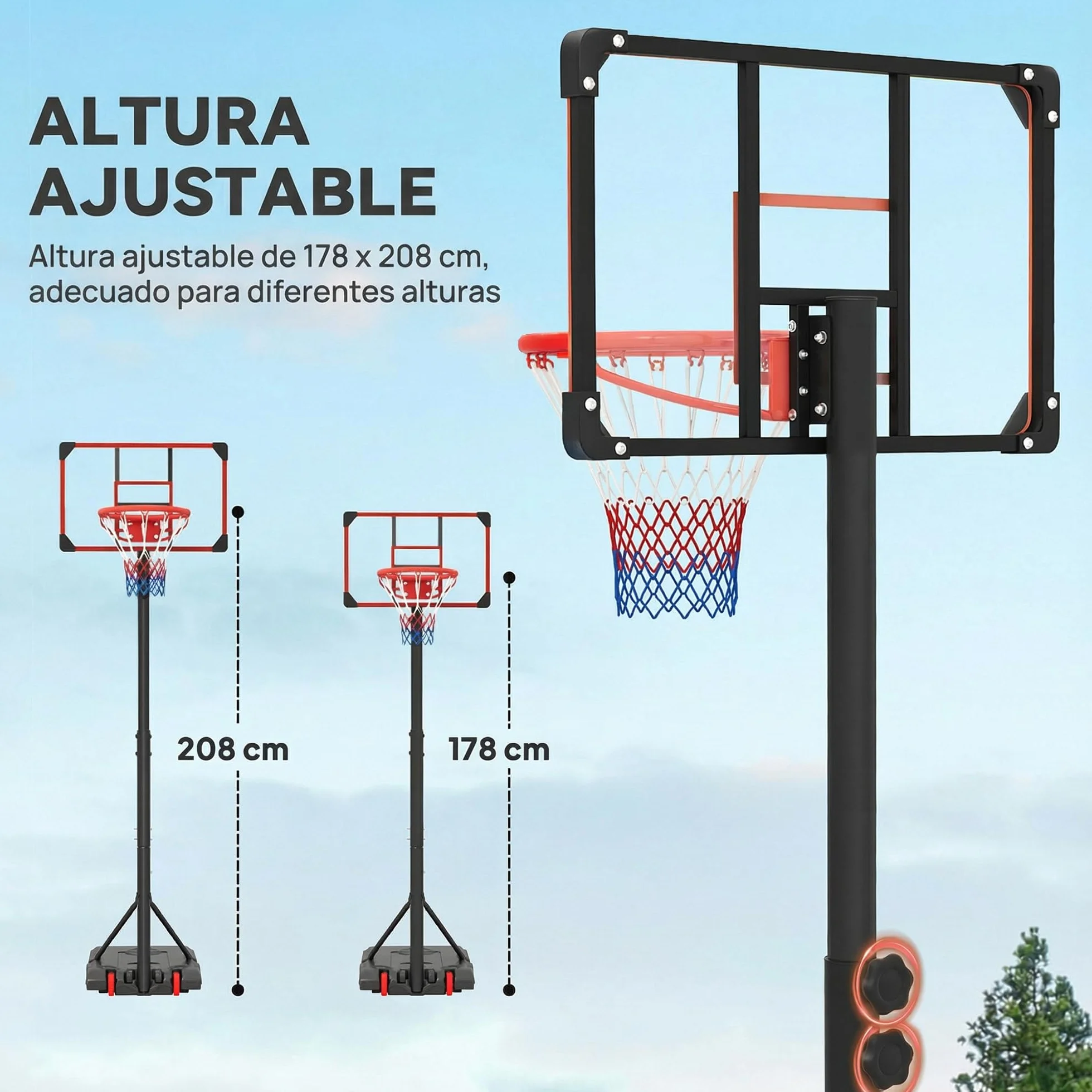 SPORTNOW Canasta de Baloncesto Exterior, Altura Ajustable 178-208 cm, Portátil con Tablero Irrompible