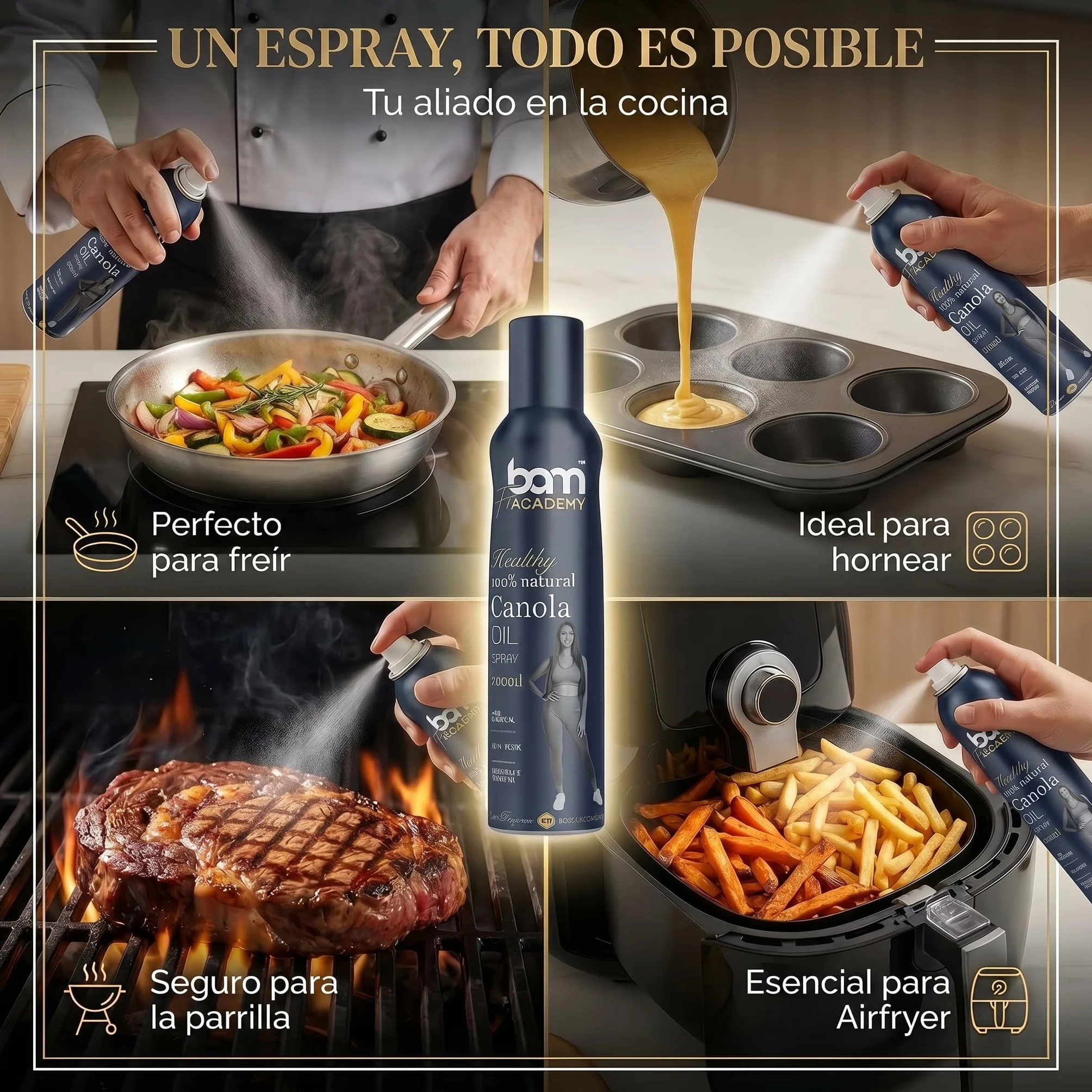 BAM Aceite de canola en spray, Aceite natural 100% en spray para cocinar, Para cocinar y freír de forma saludable, 200 ml