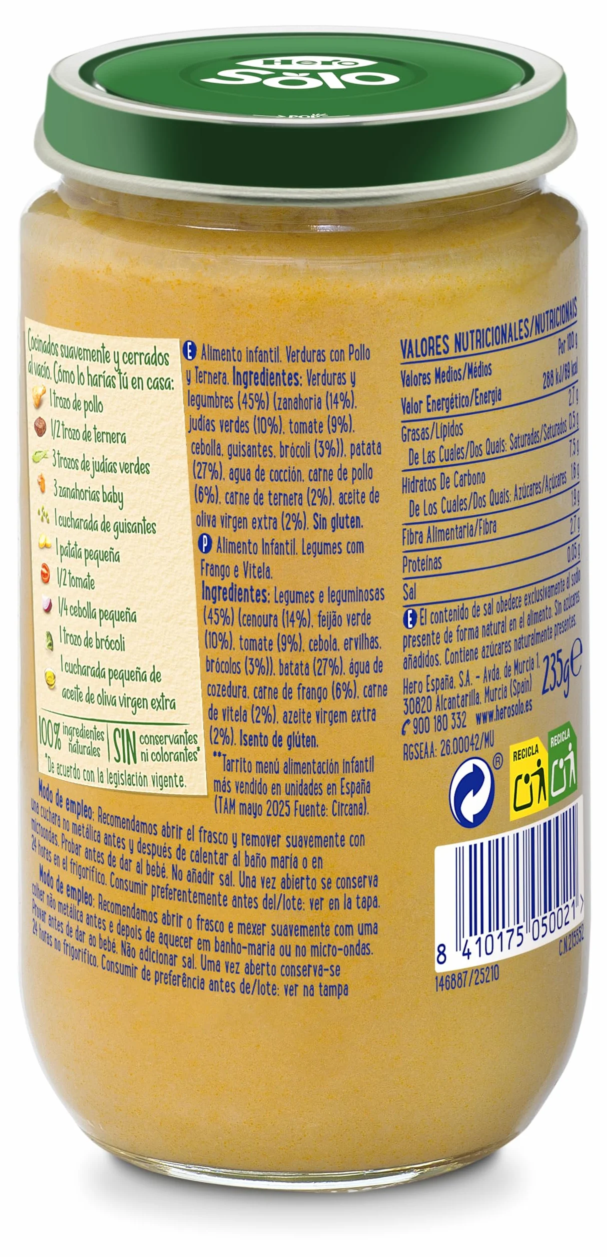 Hero Solo, Tarritos de Verduras con Pollo y Ternera, a partir de los 6 Meses, Baby, Pack de 12 x 235 g