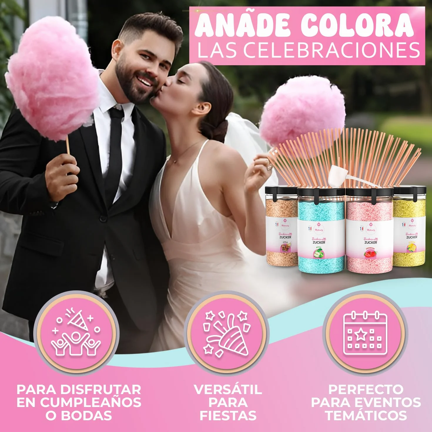 Misskandy® algodón de azúcar para máquina- Pack de 4 * 240Gr - (Sabores Naturales): Sabores: Fresa/Manzana/Cola/Limón + 50 palitos (gratis)
