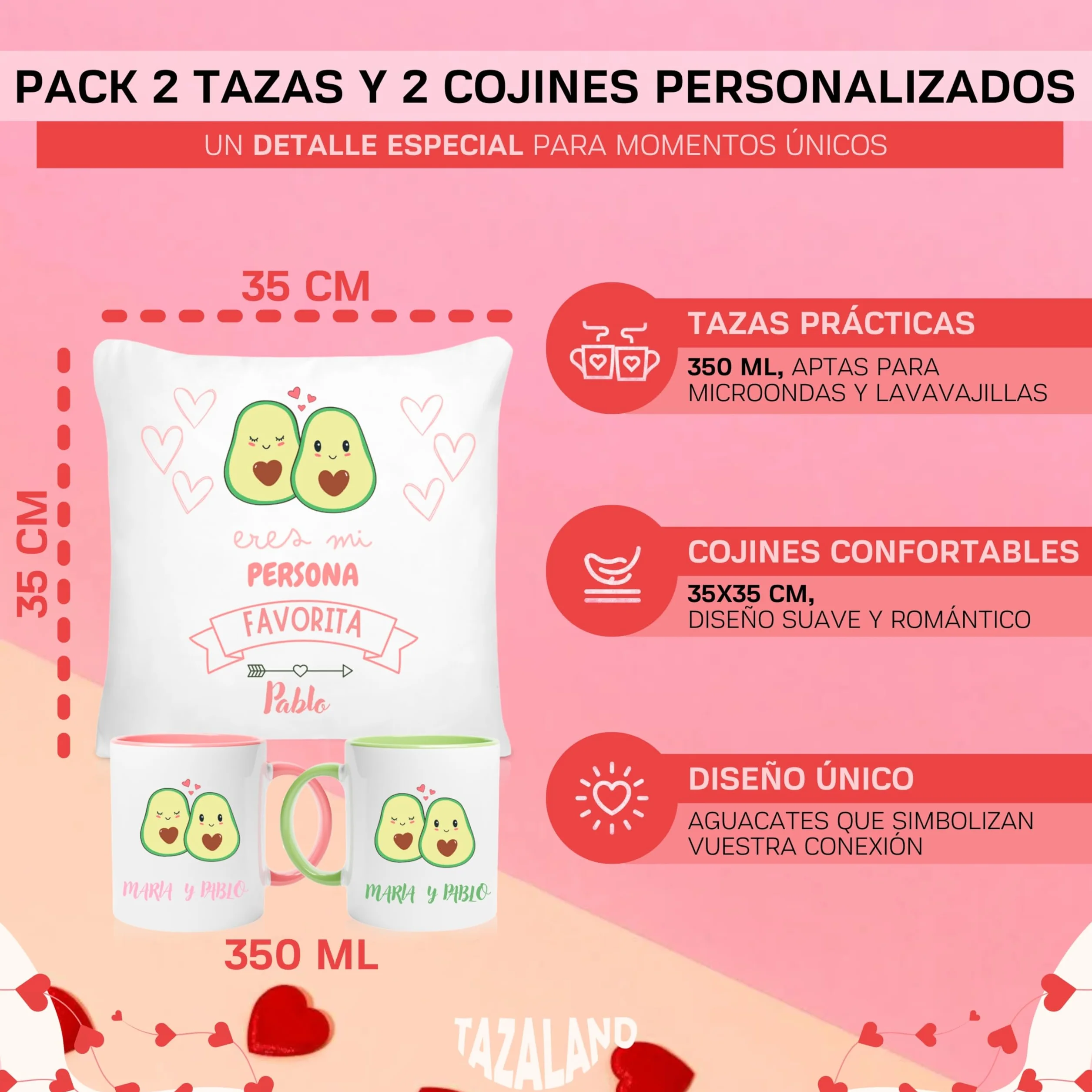 Regalo Personalizado San Valentín | Pack 2 Tazas y 2 Cojines - Aguacates | Regalos Originales Mujer Hombre | Regalos para Parejas, Novia, Novio | Detalles Románticos