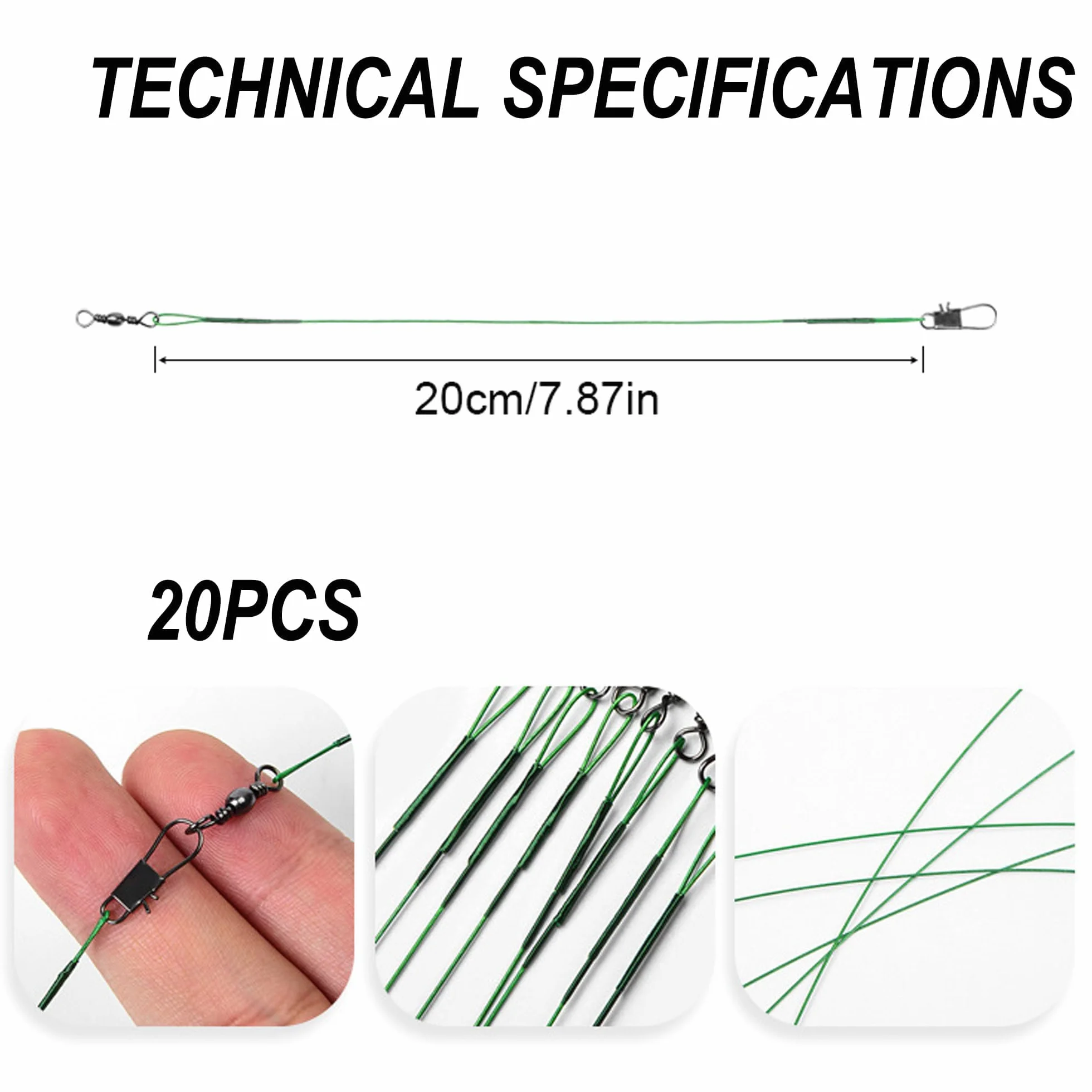 KIMHOME Ganchos de pesca verdes 20 cm líder 22,7 kg paquete 20 alambres acero al carbono resistente corrosión afilados lucio
