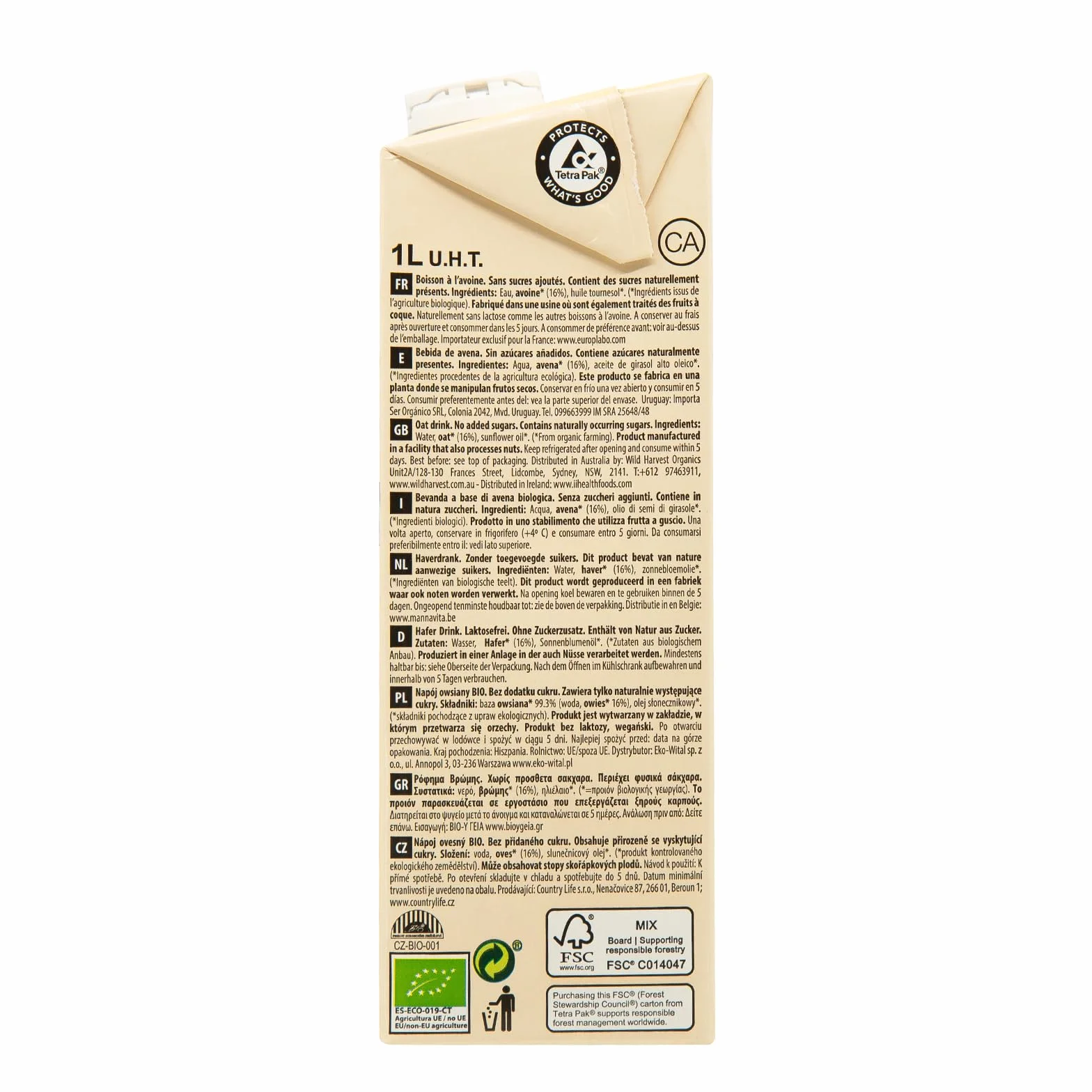 EcoMil - Leche de Avena Bio Nature, Bebida Vegetal de Avena sin azúcares añadidos, Producto Ecológico, 1L