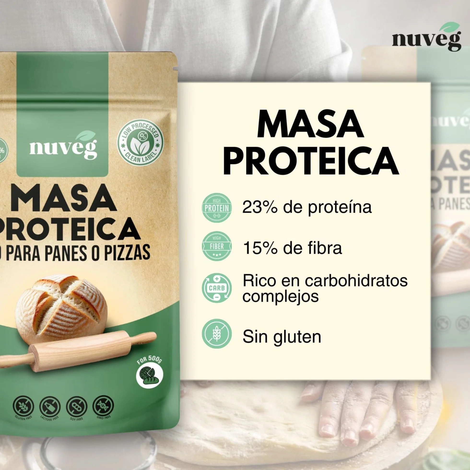 NUVEG Masa Proteica Ecológica para Panes o Pizzas, Vegano, Preparado para Pan Proteico y Masa de Pizza, Harina Panificable Sin Gluten, Sin Lactosa, Contiene Harina de Trigo Sarraceno, Pack 2, 540g