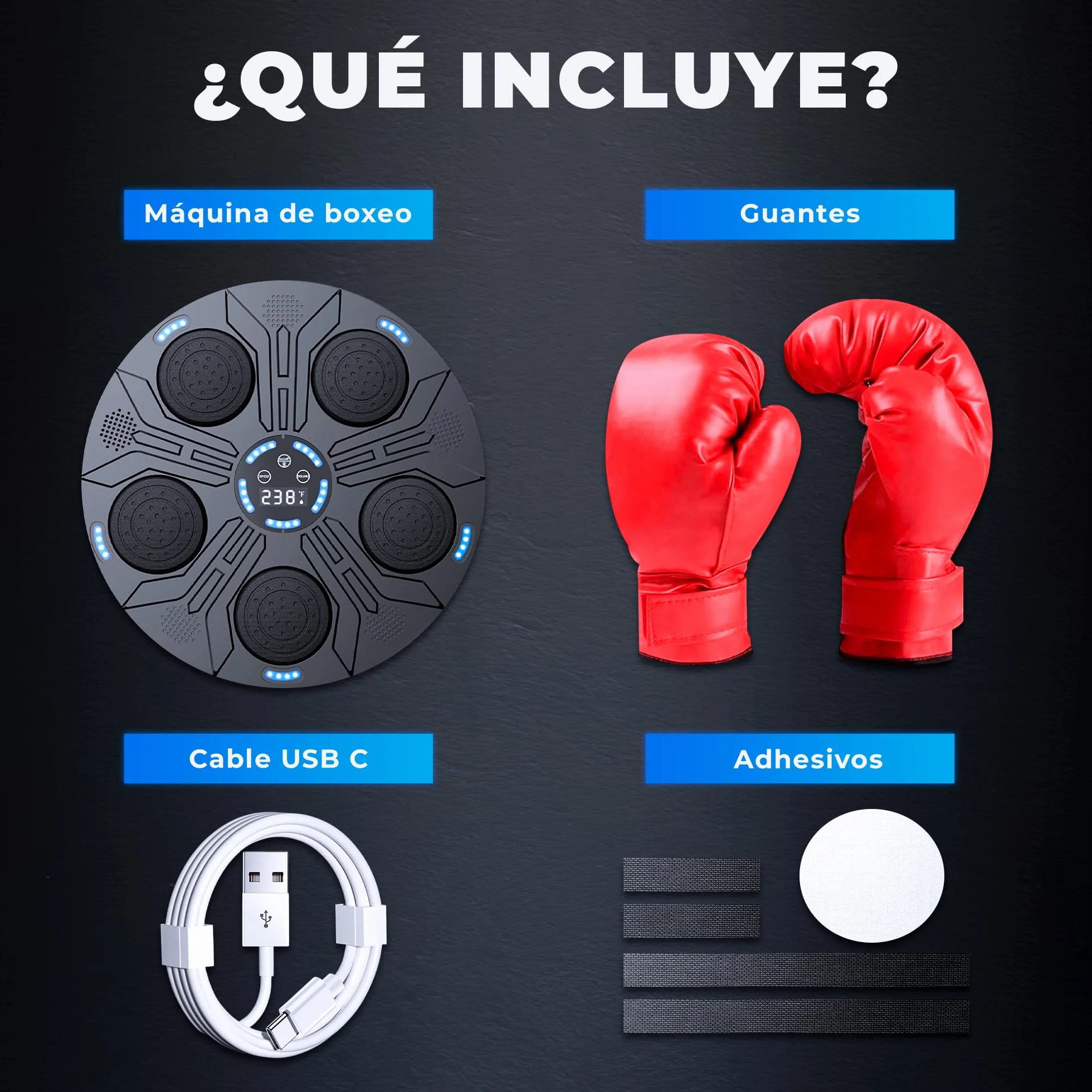 JUPPLIES Maquina de Boxeo Musical para Pared con Guantes, Diana LED y Bluetooth 9 Modos