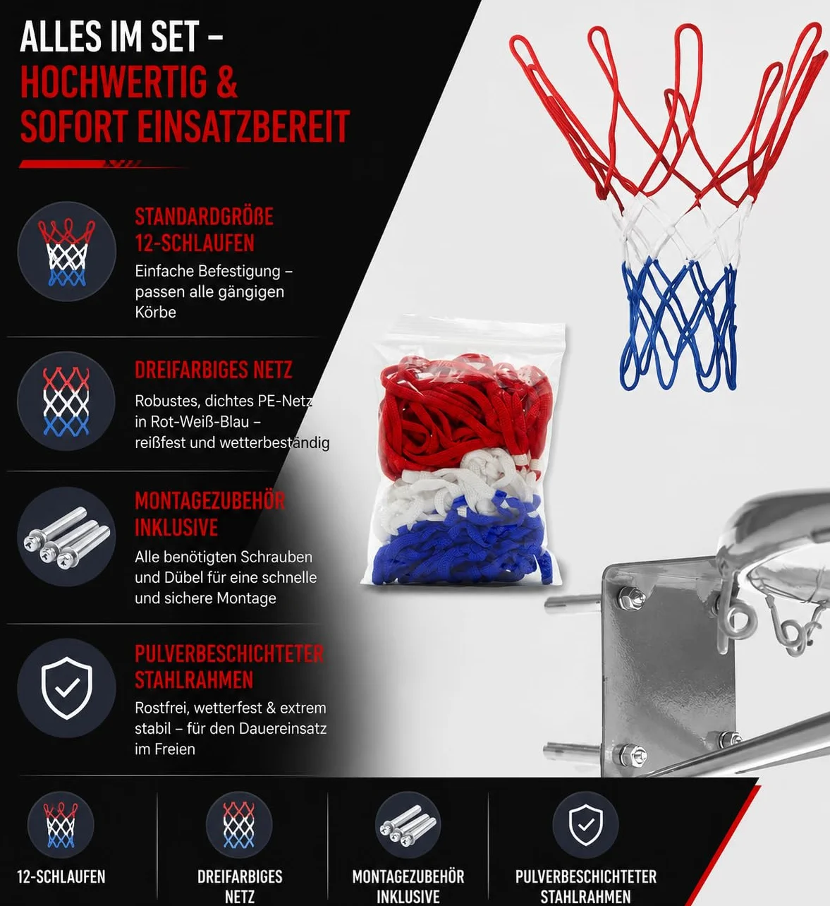molti Canasta de baloncesto para montaje en pared – Aros de baloncesto con red y tornillos, Ø 45 cm para interior y exterior Canasta robusta para jardín, garaje, escuela y campo deportivo (plata, 45