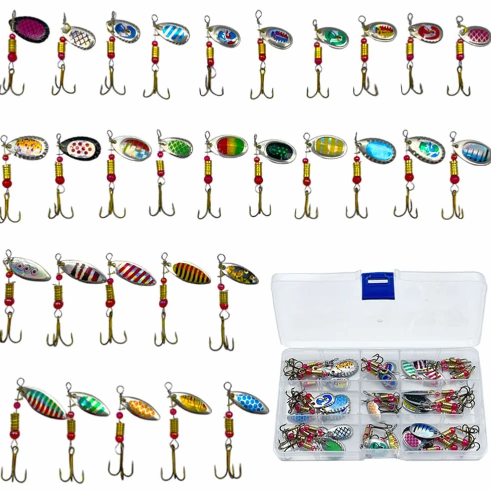 FedMois 30 Piezas Cucharillas Pesca para Trucha Lucio Perca Kits de Señuelos con Caja de Plástico
