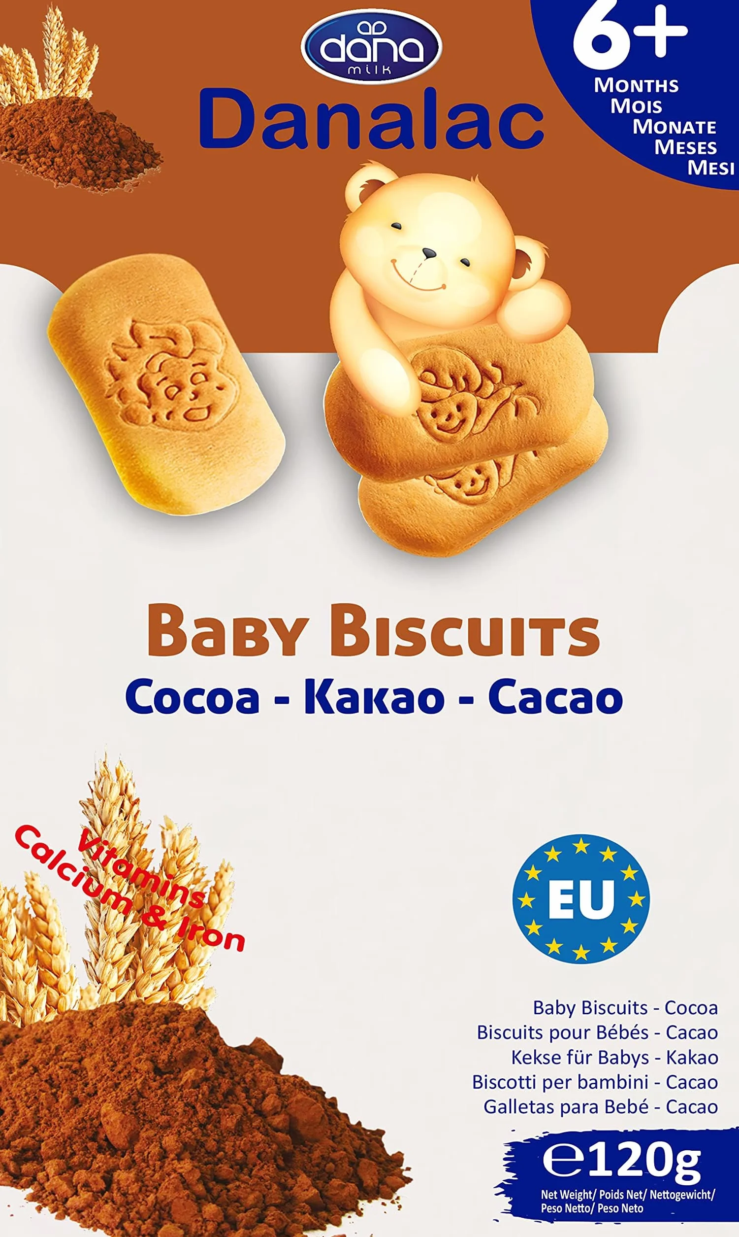 Danalac, Paquete De Galletas De Cacao Para Bebés De Bocadillos Para Niños Pequeños De 6 Meses O Más Con Calcio, Hierro Y Vitaminas, 120 Gramos