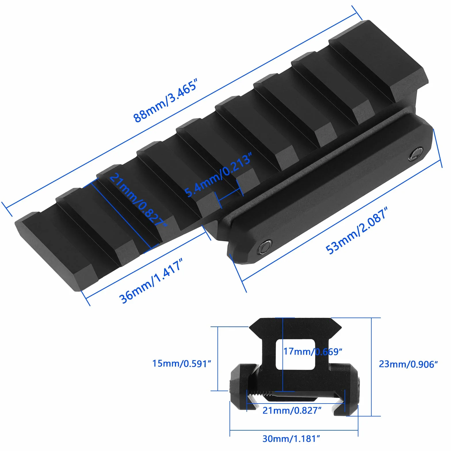 Base de Montaje para Óptica Fast Riser, Riel Picatinny 0.79" 8 Ranuras 1,7cm Altura 8,9cm Largo, Adaptador