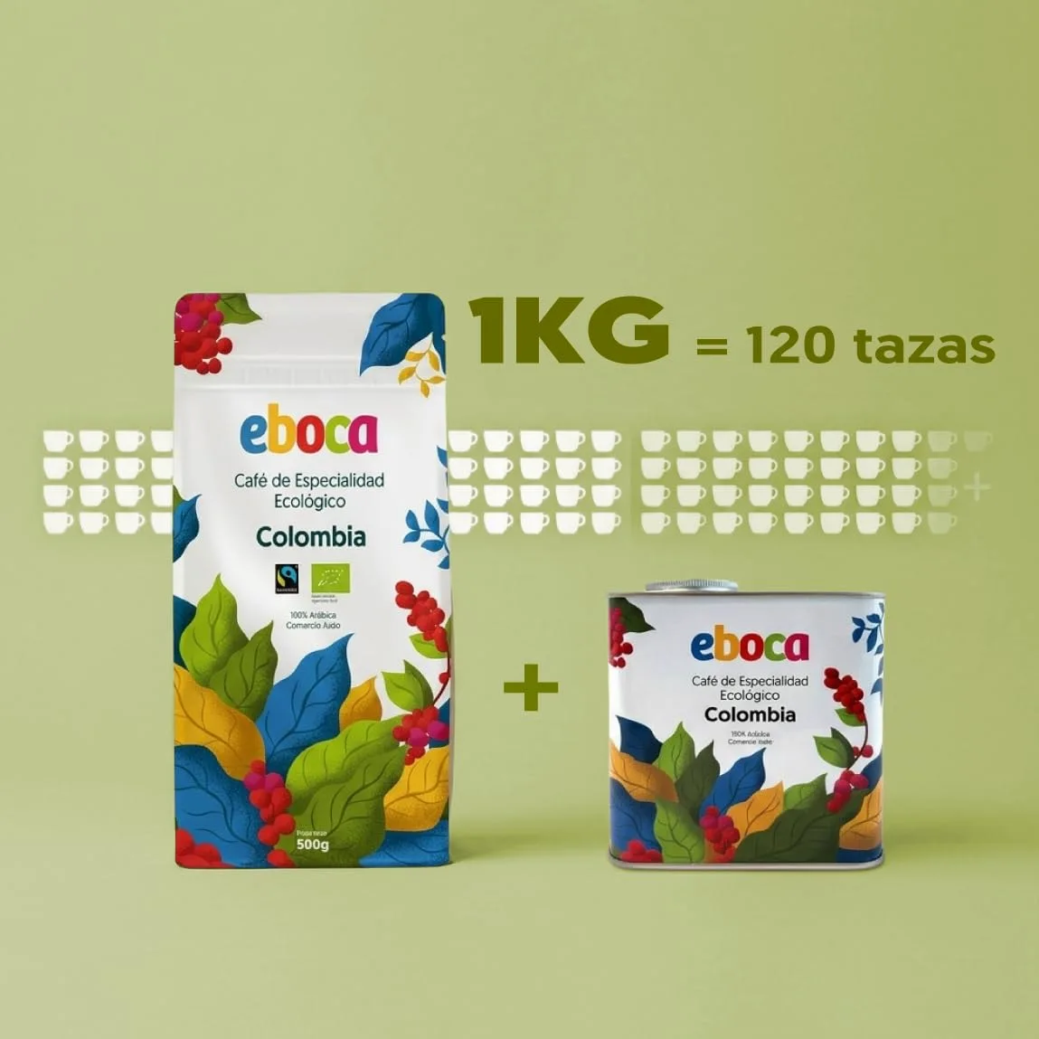 EBOCA Café en Grano Ecológico 1kg (2x500g) – 100% Arábica de Especialidad, Origen Colombia, Comercio Justo (Fairtrade), Tostado Artesanal en Huesca, Tueste Medio para Espresso y Filtro