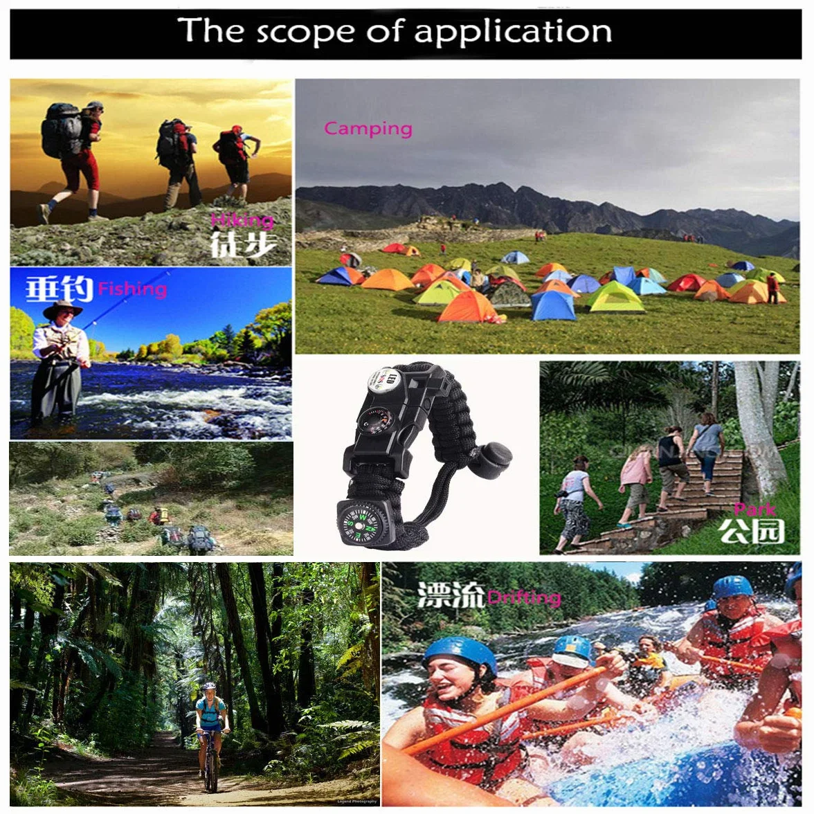 Pulsera Paracord Supervivencia Camuflaje con Flint Brújula Termómetro Silbato para Caminatas Camping