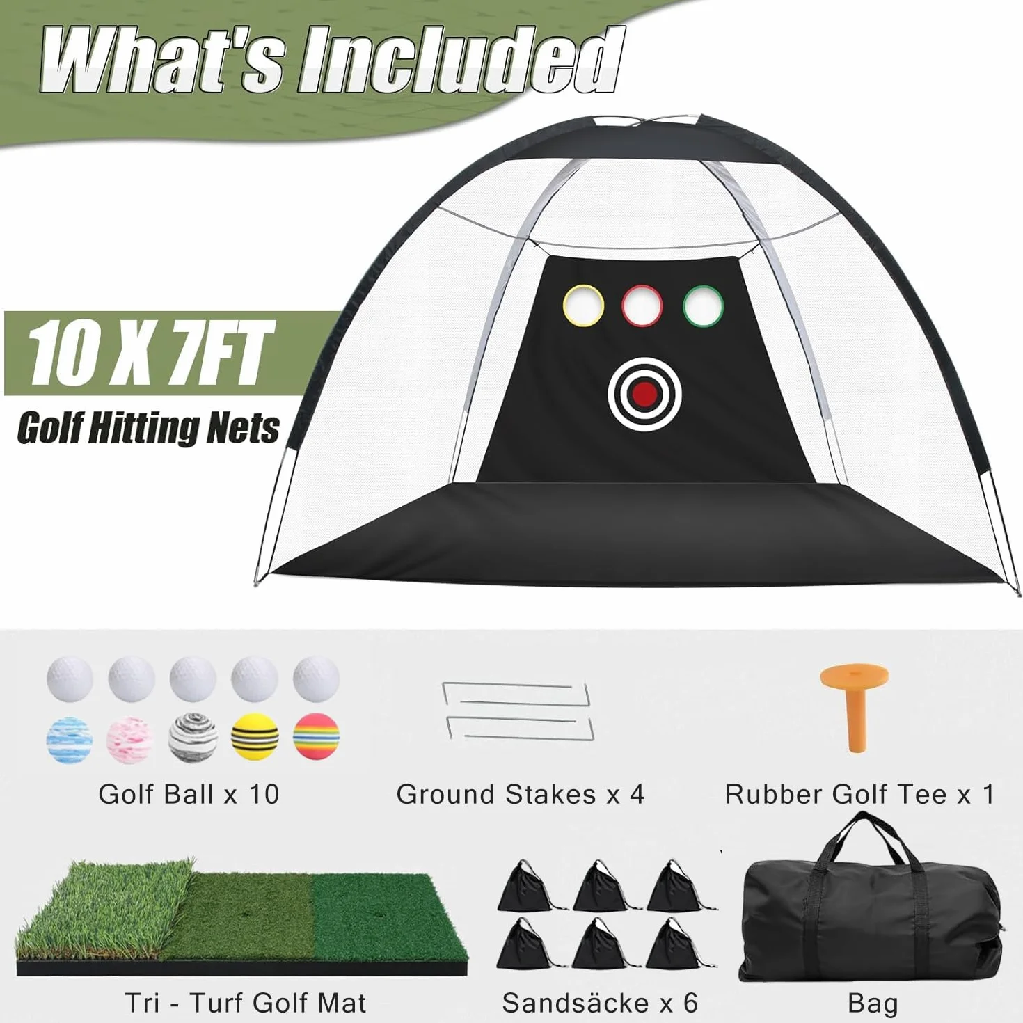 Red de golf de 10 x 7 pies con alfombra de césped tricolor, 5 pelotas y té para entrenamiento al aire libre