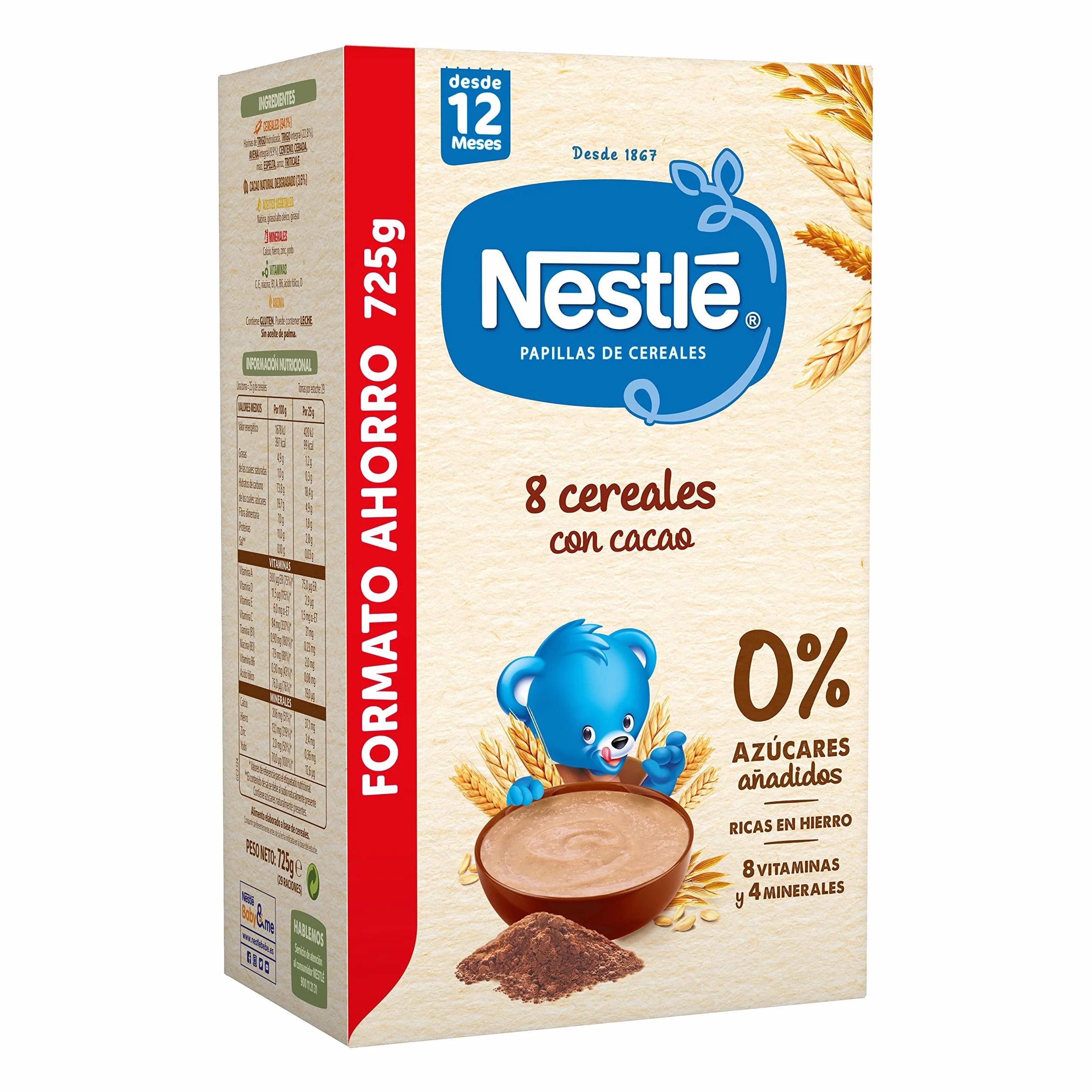 Nestlé Papilla 8 Cereales con Cacao sin Azúcares Añadidos 12 Meses 8x725g