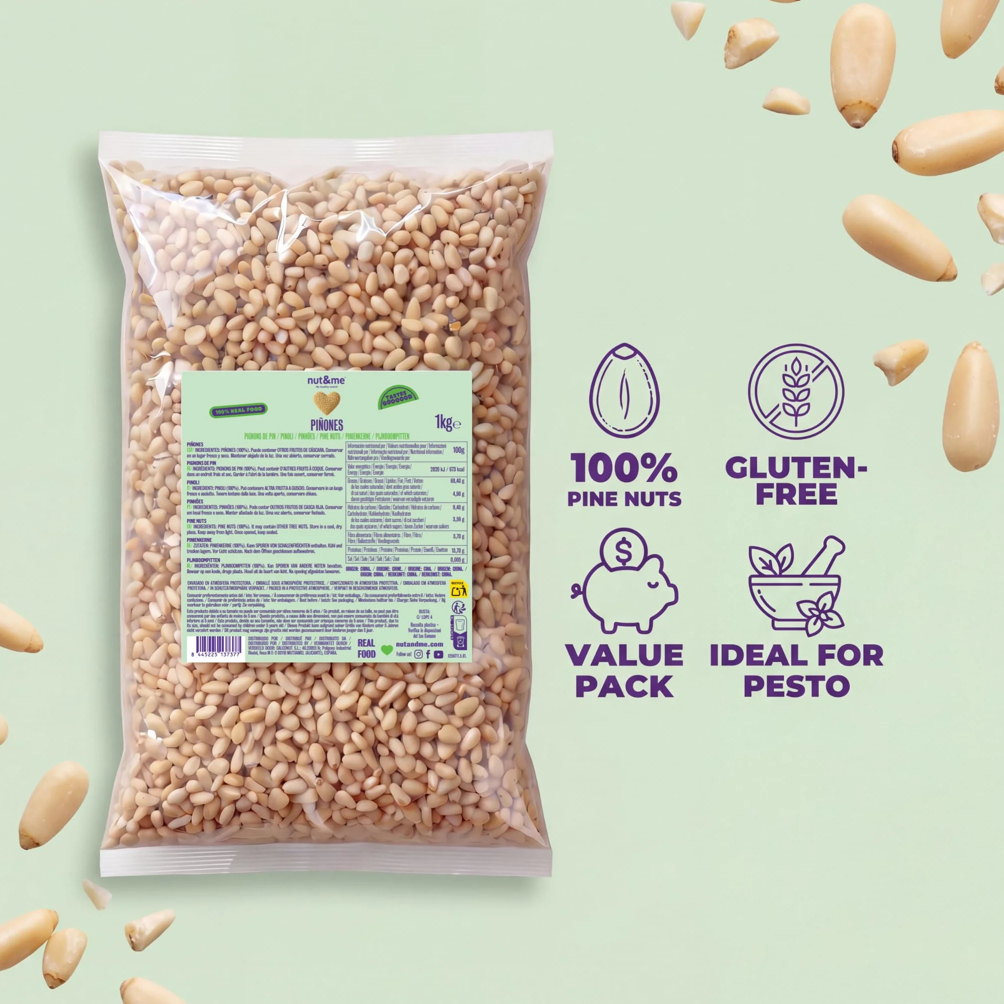 Piñones naturales 1 kg nut&me | Piñón de pino | Sin cáscara | Ideal para pesto | 100% naturales | Sabrosos