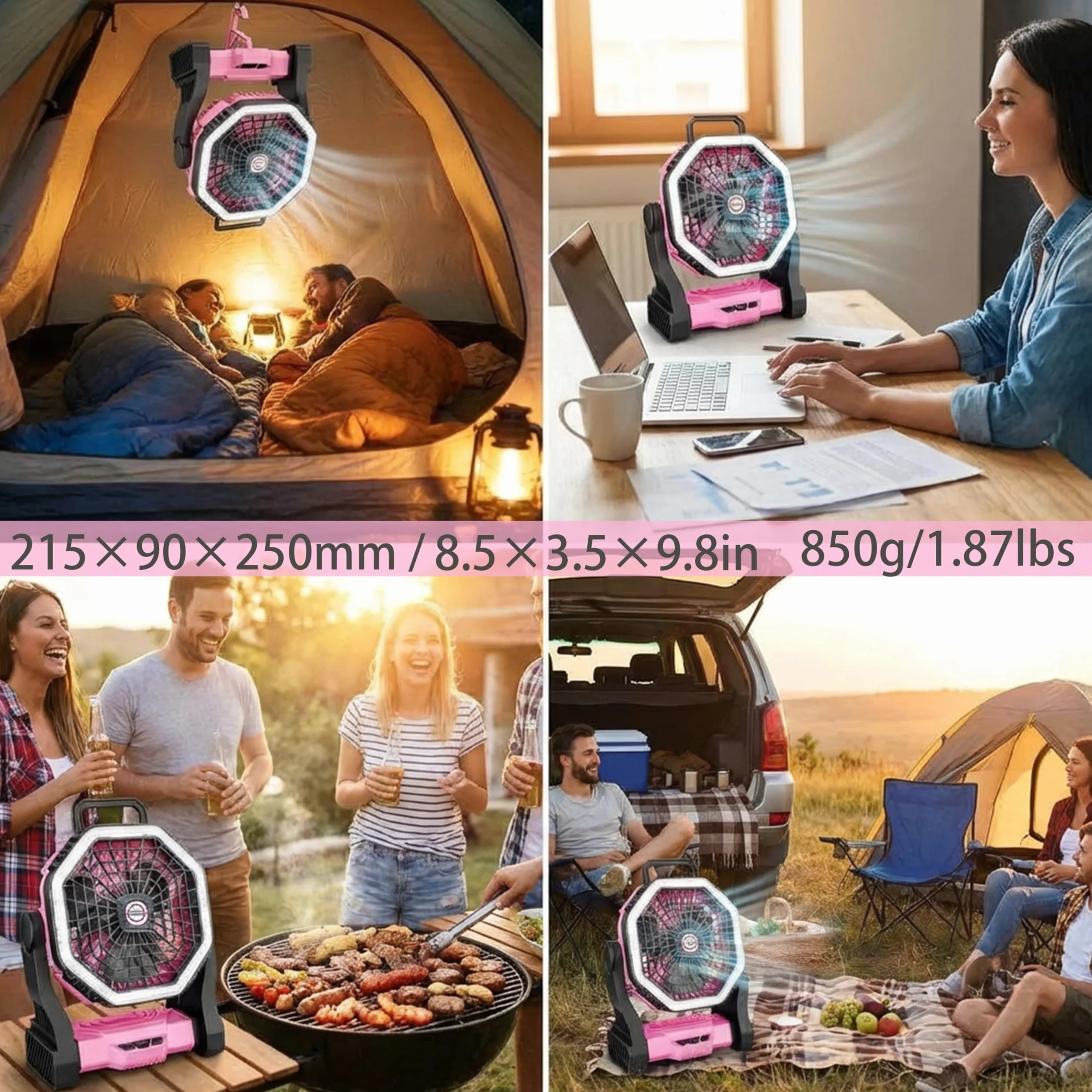 Ventilador LED portátil recargable 2 en 1 10000 mAh Rosa