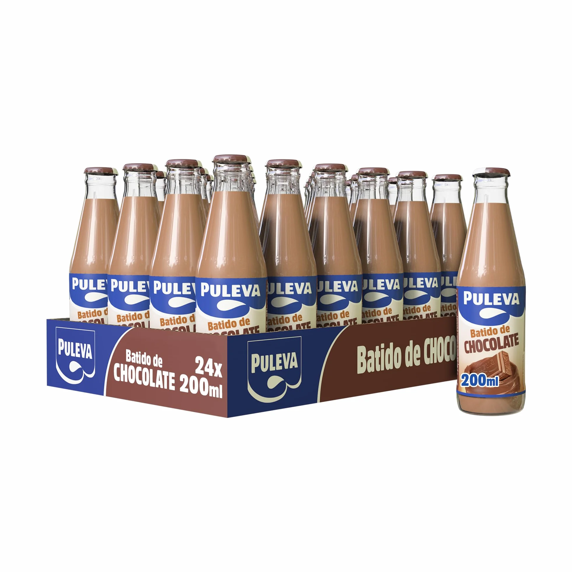 Puleva - Batido Puleva Cacao Botella de Cristal, Leche Parcialmente Desnatada, Rico en Proteínas, Calcio y Vitamina D, Ideal para Niños y Familias, Pack 24 Unidades